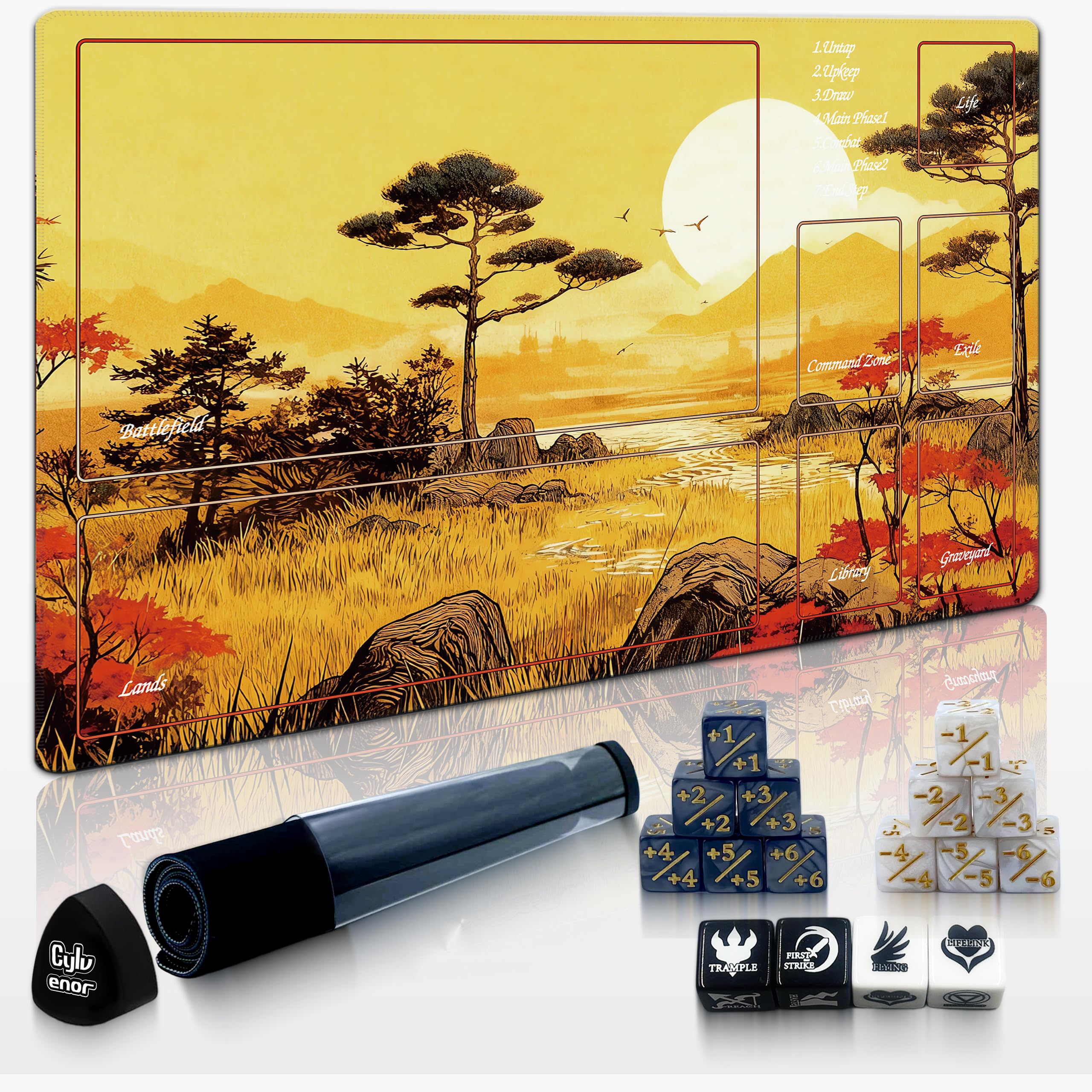 Cylvenor 24"x14" MTG Playmat with Storage Tube & 16-Piece Dice Set - Non-Slip Rubber TCG Card Game Mat, Stitched Edges Tabletop Gaming Mat (Plains, Ukiyo Series)