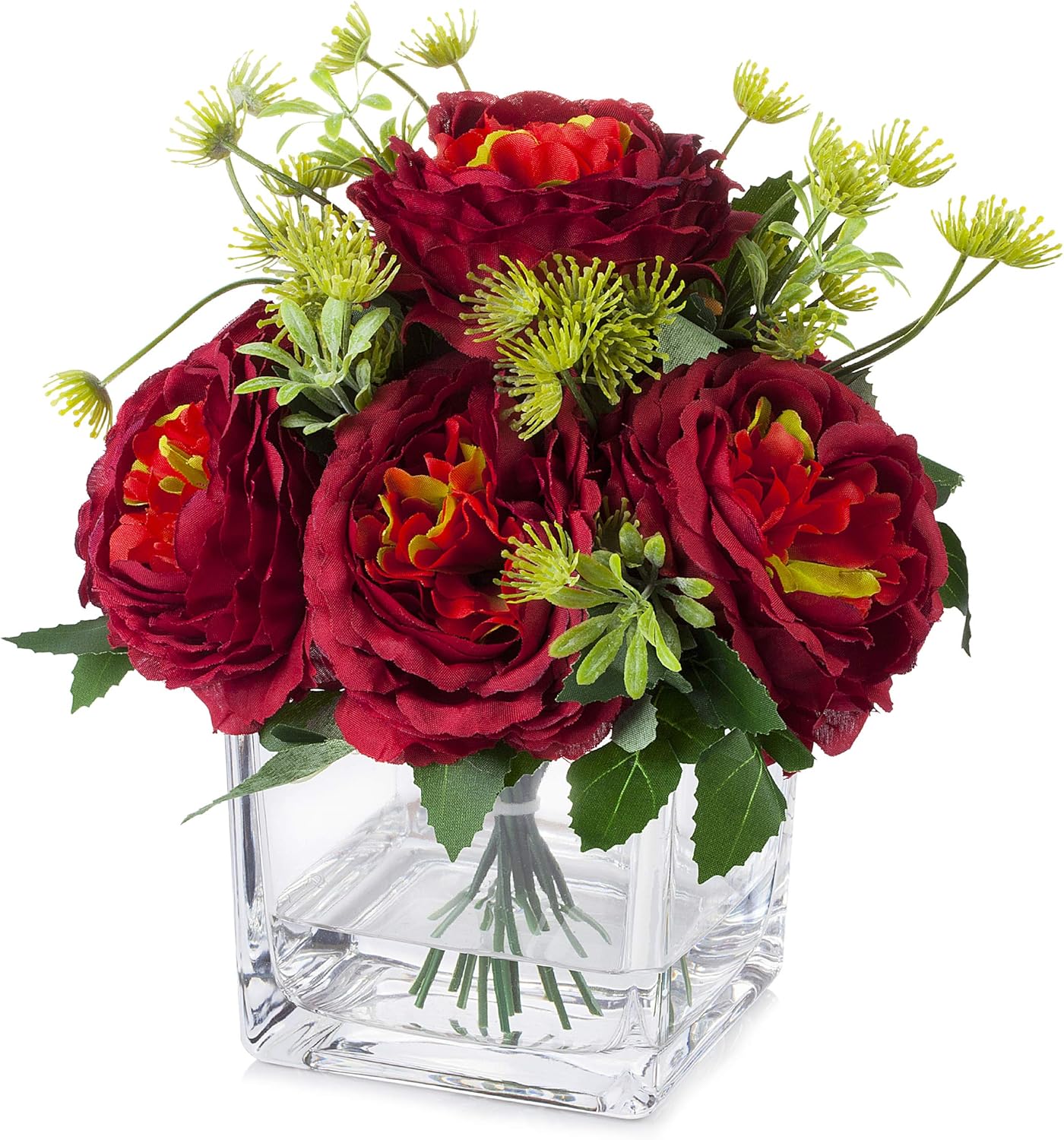 ENOVA HOME Mixed Silk Peony Flower in Cube Glass Vase with Faux Water (Red)