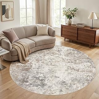 8ft Round Area Rug Living Room Rugs - 8x8 Washable Neutral Modern Abstra...