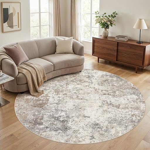 UERMEI 8ft Round Area Rug Living Room Rugs - 8x8 Washable Neutral Modern Abstract Soft Thin Rug Indoor Floor No Slip Rug Carpet for Bedroom Under Dining Table Home Office Decor - Brown Grey