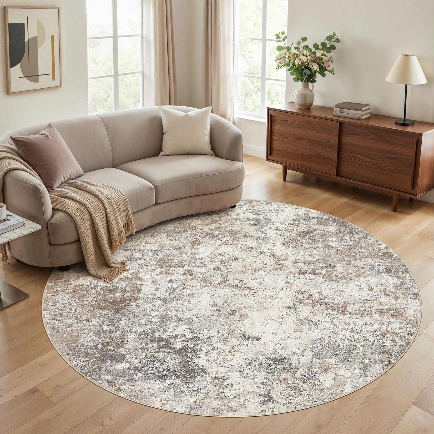 8ft Round Washable Area Rug - Neutral Abstract