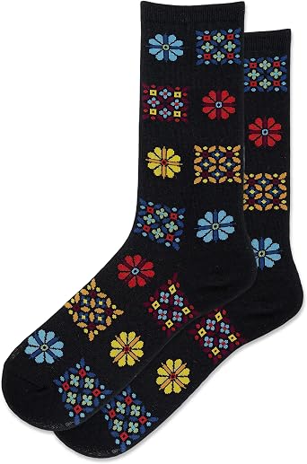 Hot Sox Womens Floral Geo Crew Socks 1 Pair, Black, Womens 4-10