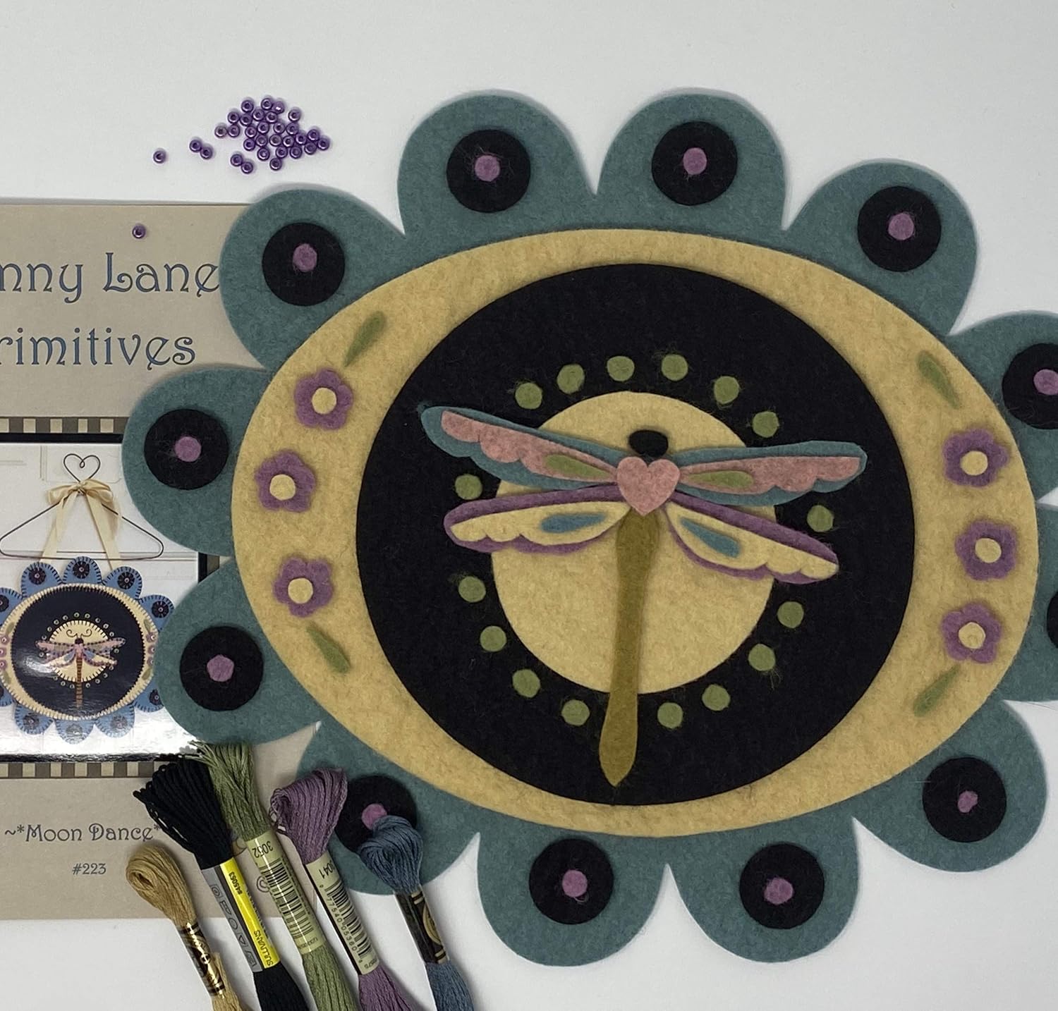Over the River Felt Moon Dance Penny Rug Kit Pre Washed Applique Kit Dragonfly Pattern