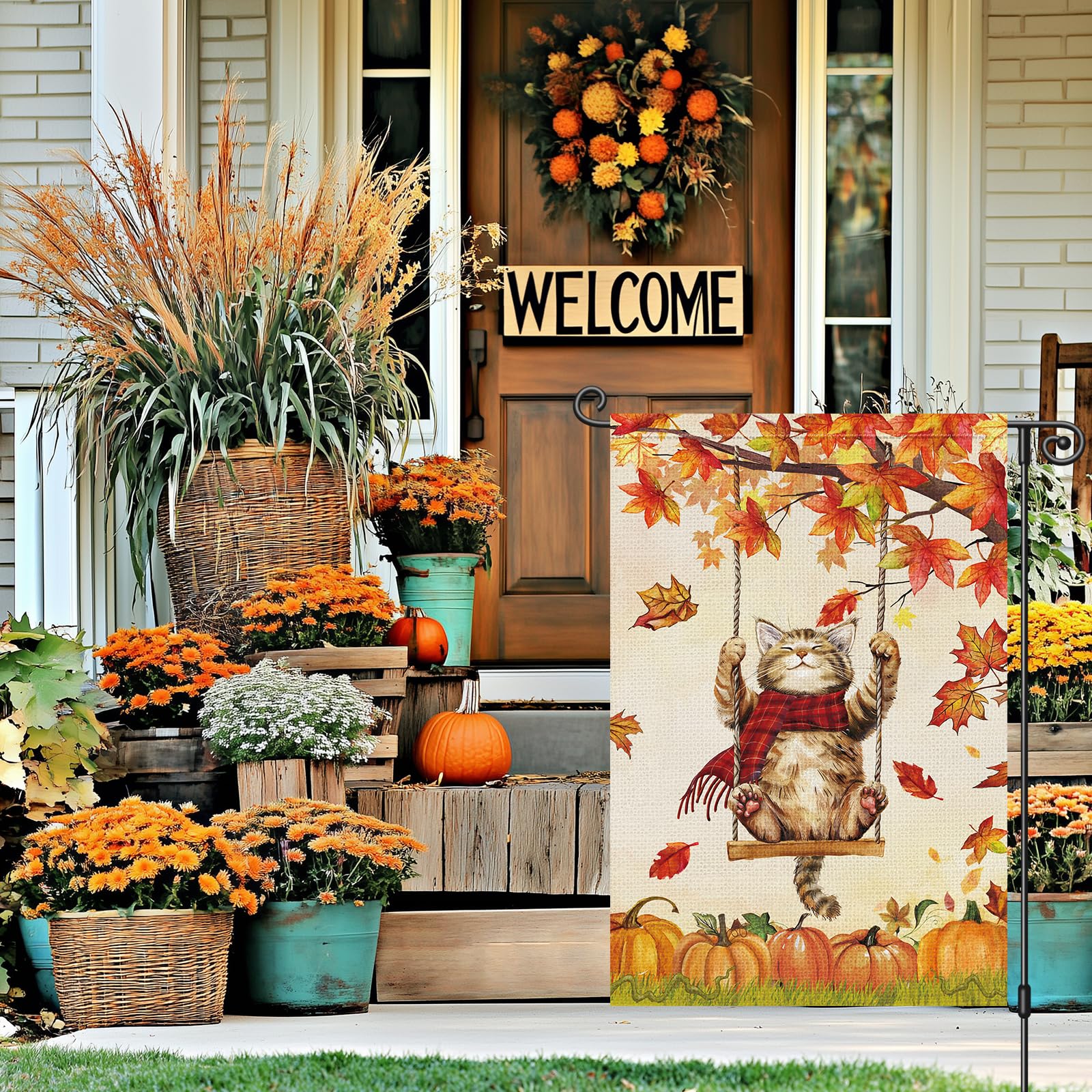 Louise Maelys Happy Fall Kürbis-Gartenflagge mit Katze, doppelseitig, 30,5 x 45,7 cm, kleine Jute, Herbsternte, Hofflaggen, Erntedankfest, Outdoor, Haus, Hof, Dekoration (nur Flagge)