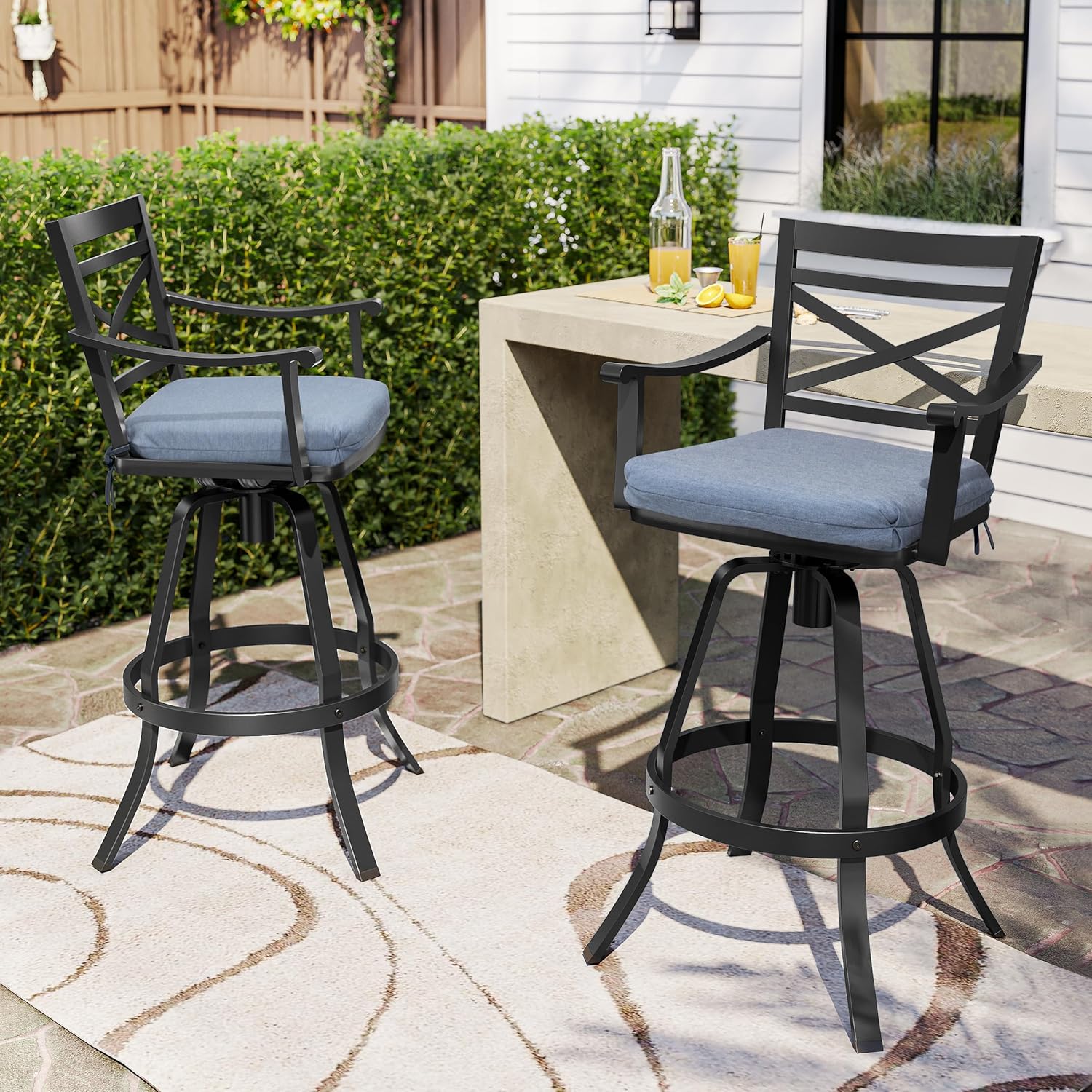Pellebant Swivel Aluminum Outdoor Bar Stools Set of 6, 30" Patio Bar Height Bar Stools with Sunbrella Cushion & Back, Anti-Rust Barstools for Deck Backyard Garden, Spectrum Denim