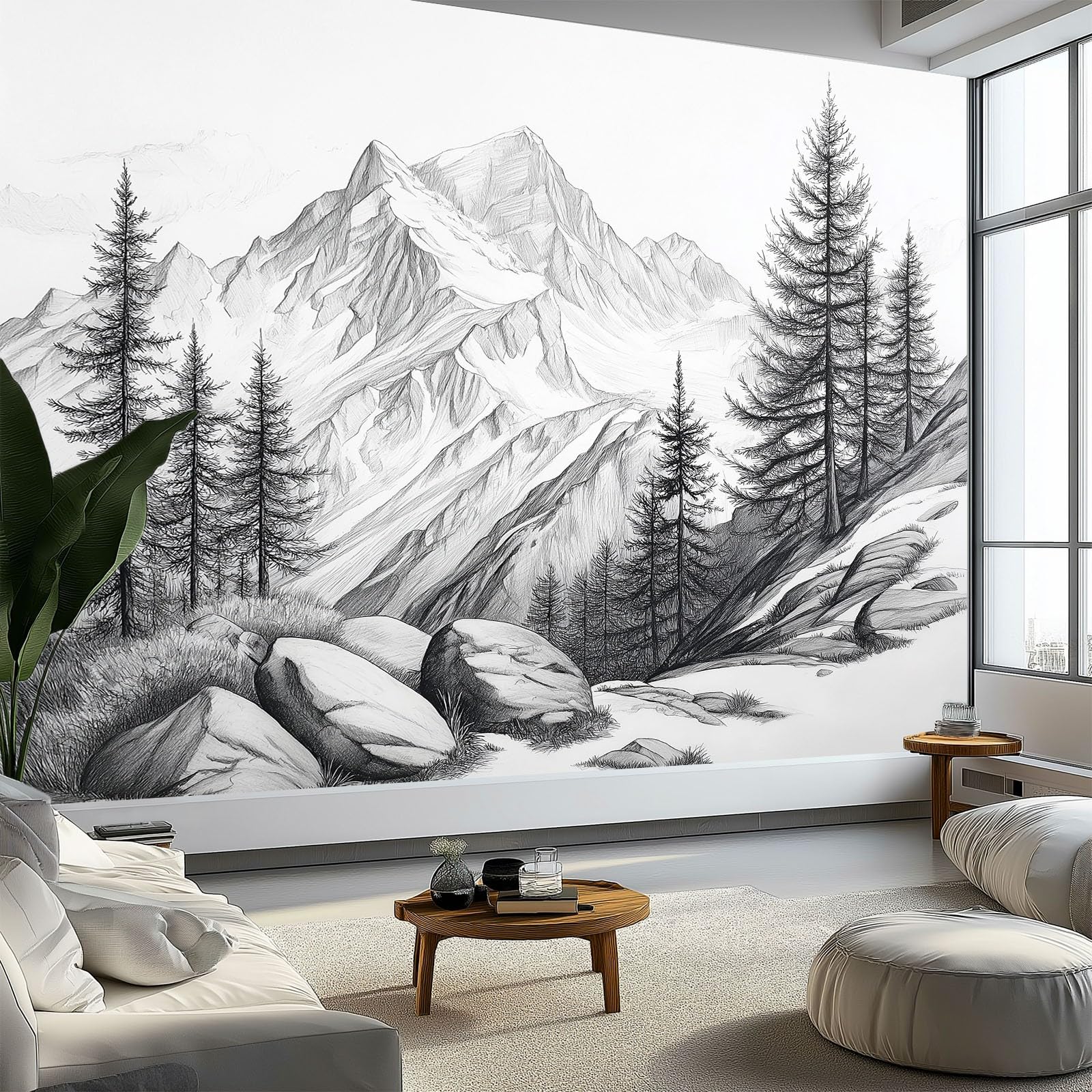 Pencil Sketch of Mountains and Trees Wall Mural Wallpaper Natural