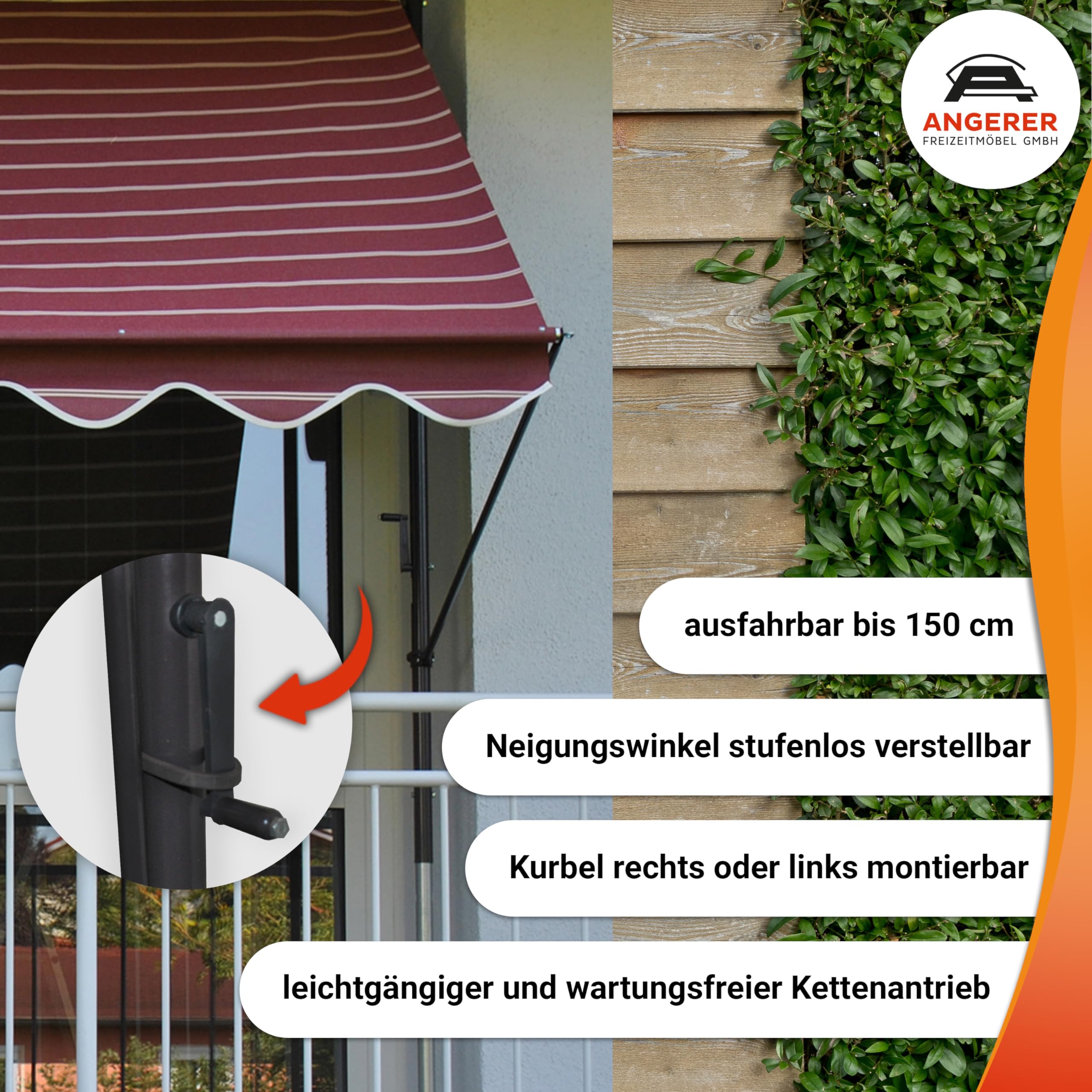 Angerer Klemmmarkise Exklusiv mit Handkurbel, Terrasse/Balkon, einfache Montage ohne Bohren, Made in Germany, hochwertiger Stoff, UV-beständig, höhenverstellbar, wasserabweisend, 300 cm Orange-Braun