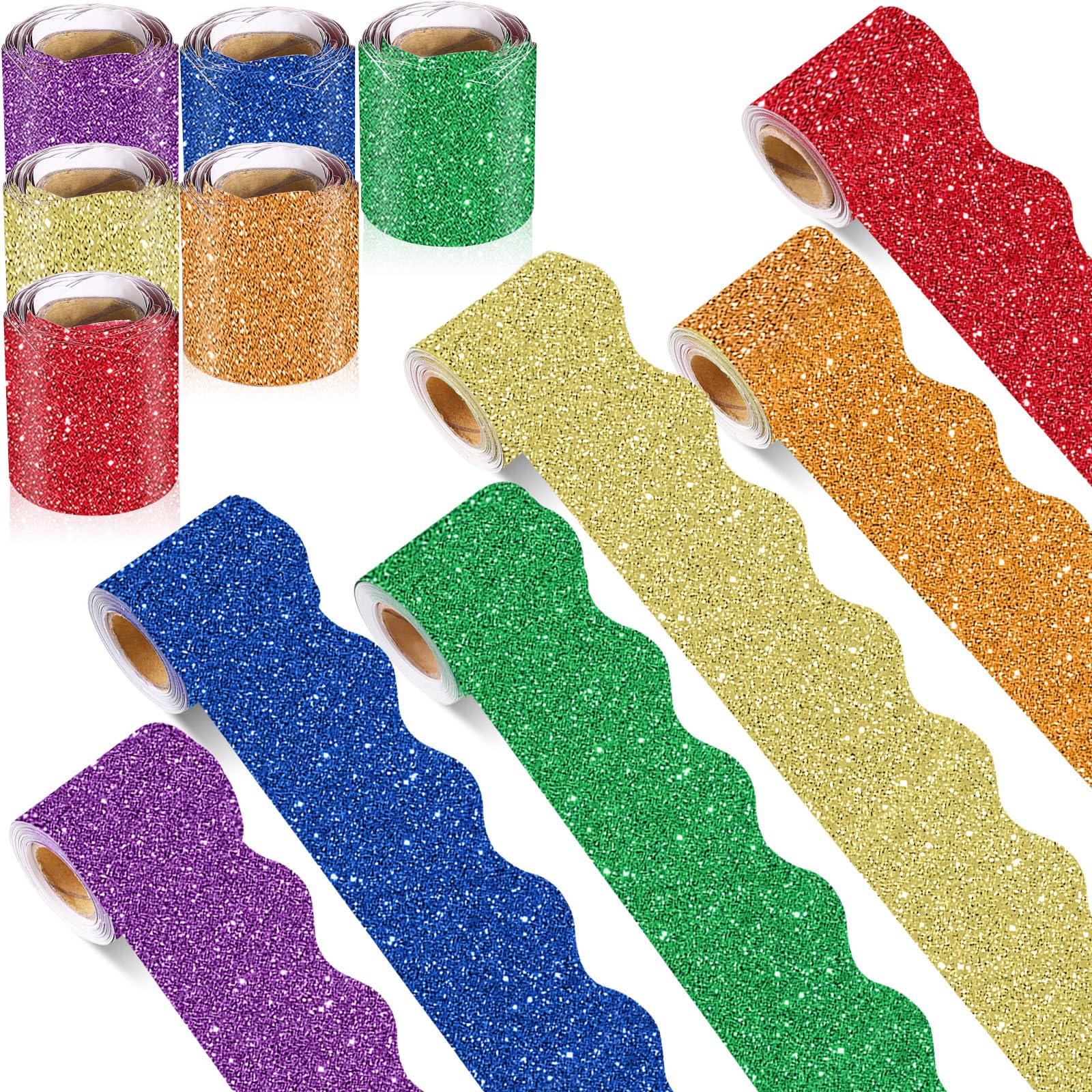 Zhanmai 6 Rolls 98.5 ft Spring Glitter Bulletin Board Border Set Purple Green Gold Shine Scalloped Rolled Border Trim Decorations for Back to School