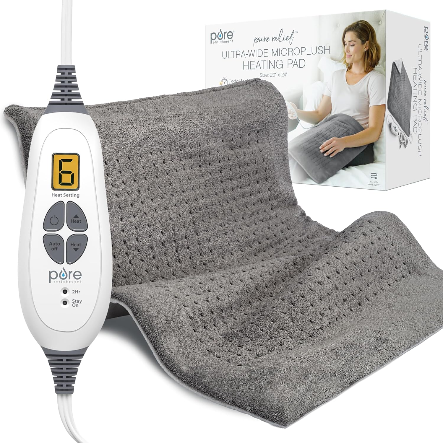 Pure Enrichment PureRelief Ultra-Wide Microplush Heating Pad - 20” x 24” XXL Size &amp; 6 Heat Settings for Temporary Neck, Shoulder &amp; Back Pain Relief - Moist Heat Option &amp; Machine Washable (