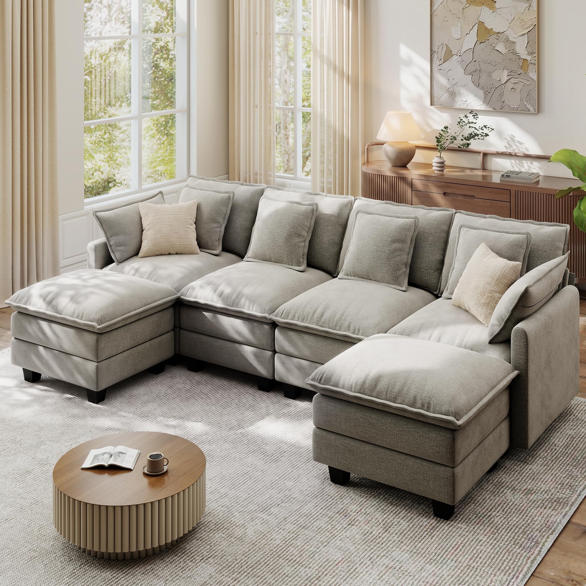 Ihanherry 107" Modular Sectional Cloud Sofa, U Shaped 6 Seat Chenille Couch with Movable Ottomans and 48" Deep Seat, Convertible Couches for Living Room, Grey