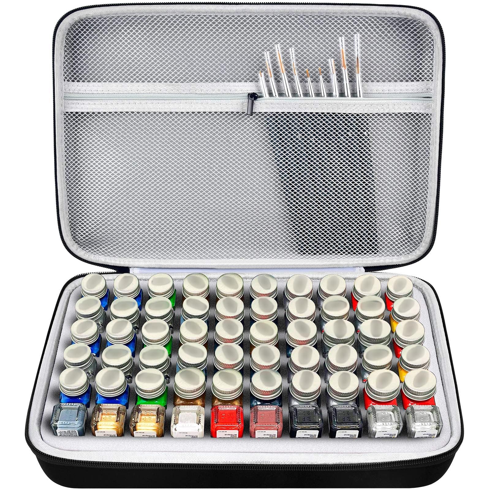 Model Paint Storage Case for Testors Paint Set, Paints Organizer Carrying Bag Holds 60 Bottles with 9 Fine Detail Miniatures Brushes, Enamel Container, Drawing Ink Holder-Box Only (Grey)