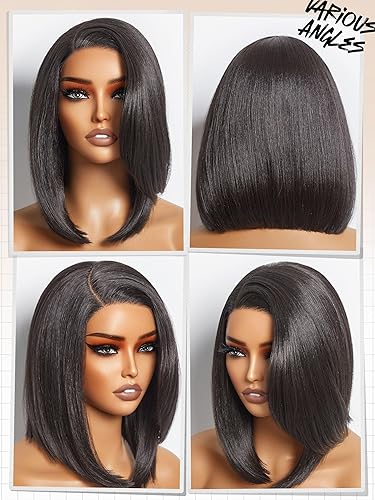 Miniatura 5 de Peluca corta negra recta Bob de 10 pulgadas de densidad 180 sin pegamento, resistente al calor, pelucas para poner en marcha, predepiladas con