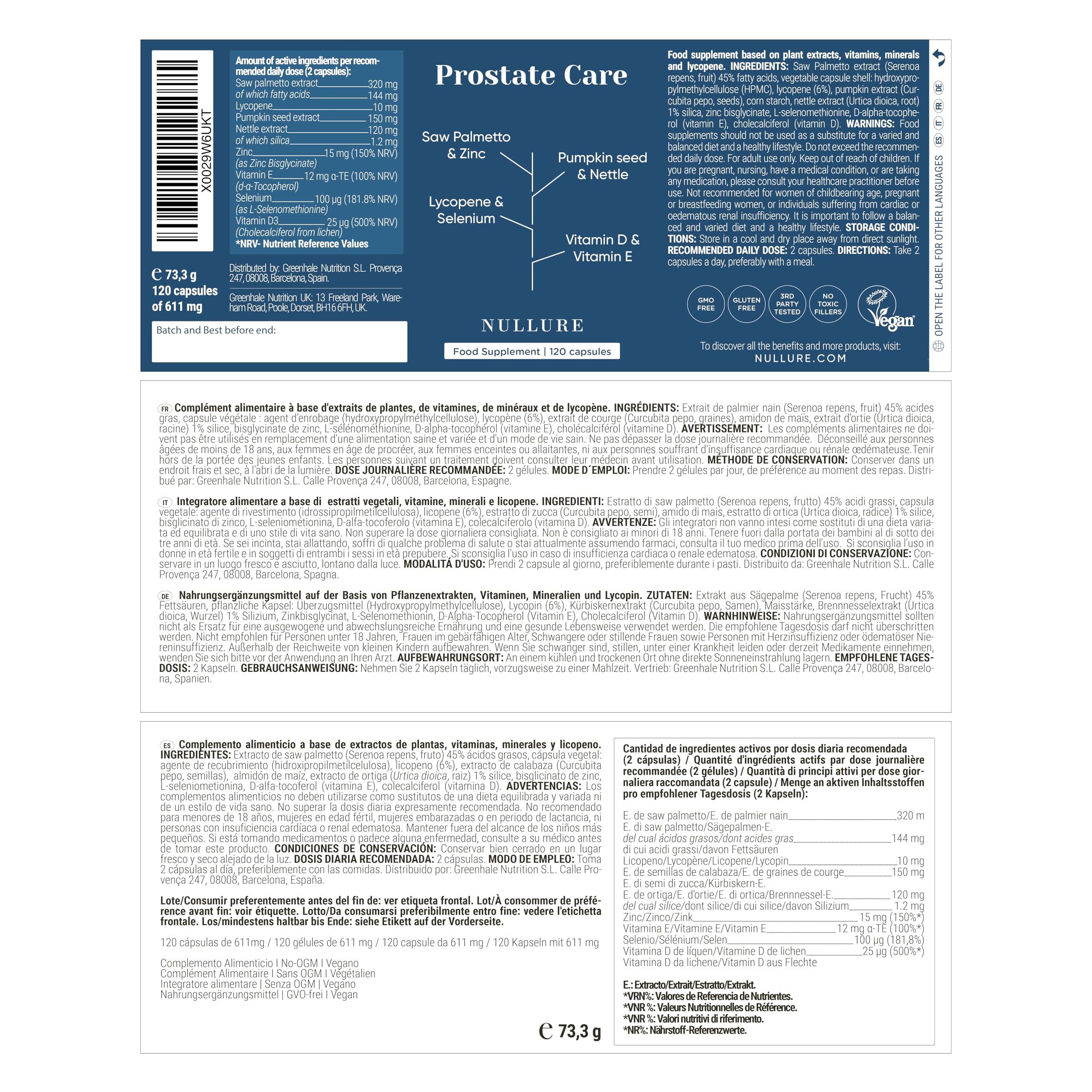 Nullure Prostate Care | Serenoa repens prostata integratore + Ortica + Licopene + Zucca | Saw Palmetto 320 mg | Testato da terzi | Vegano e Senza Additivi | 120 caps (2 mesi) | Prodotto a Barcellona