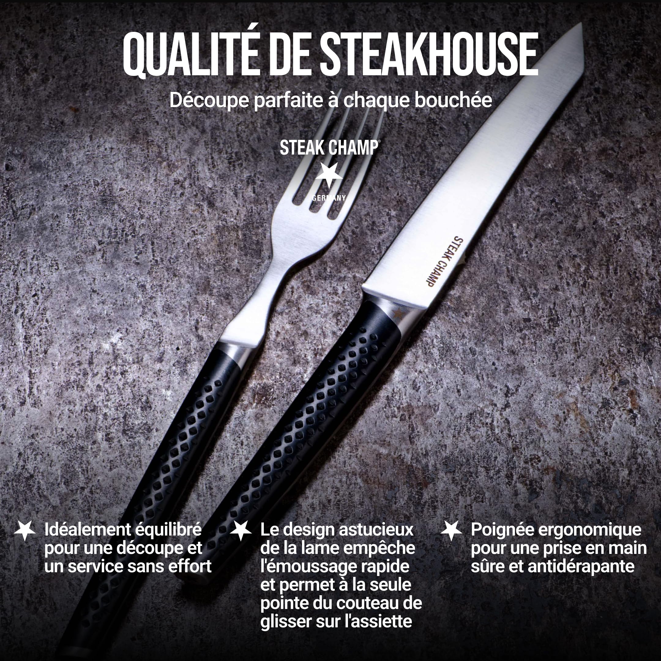 Steak Champ Set de Couverts Prime Rib: 2 couteaux & 2 fourchettes à steak en acier, poignées antidérapantes, design élégant, lame de 12,5 cm, idéal pour filet & ribeye, inclus boîte cadeau, 4 pièces
