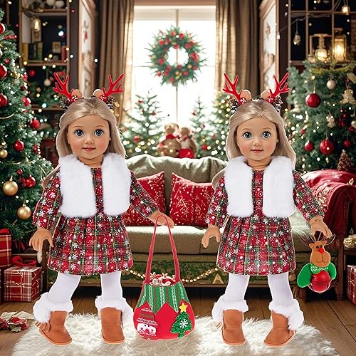 Miniatura 4 de ebuddy Ropa y accesorios para muñecas de 18 pulgadas, juego de disfraz de Navidad que incluye vestido, chaleco de piel, medias, botas, pinzas para