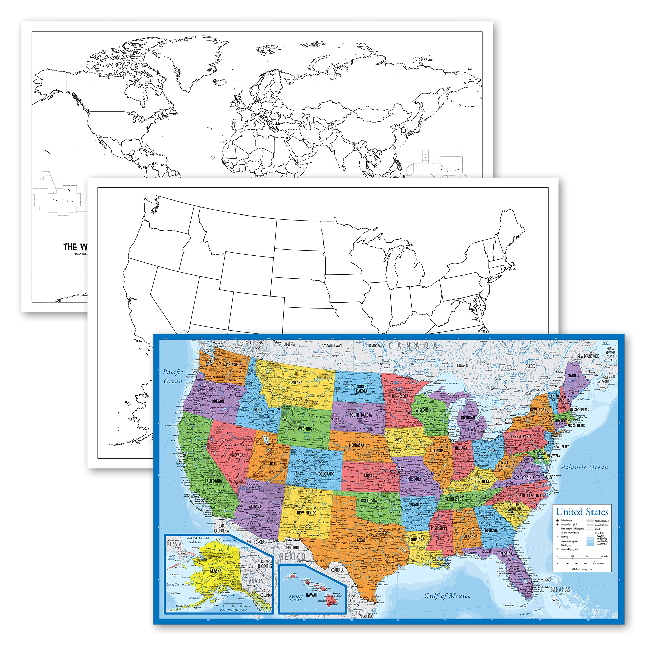 3 Pack - USA & World Map Blank Outline Posters + USA Map [Blue Ocean] (LAMINATED, 18" x 29")