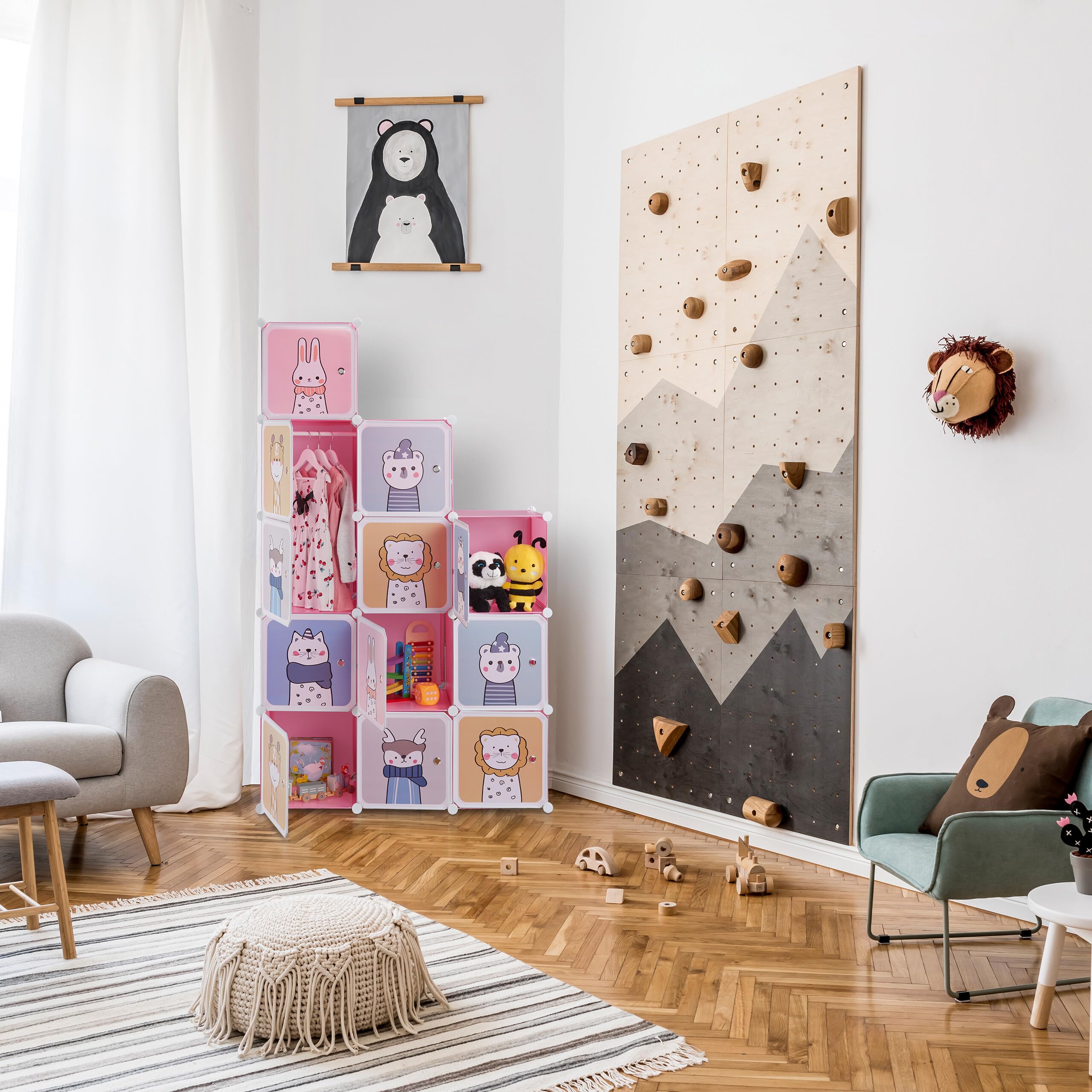 Relaxdays Scaffale Componibile da Cameretta, 2 Aste Appendiabiti, Disegni Animali, HLP: 145x110x37 cm, Incastro, Rosa