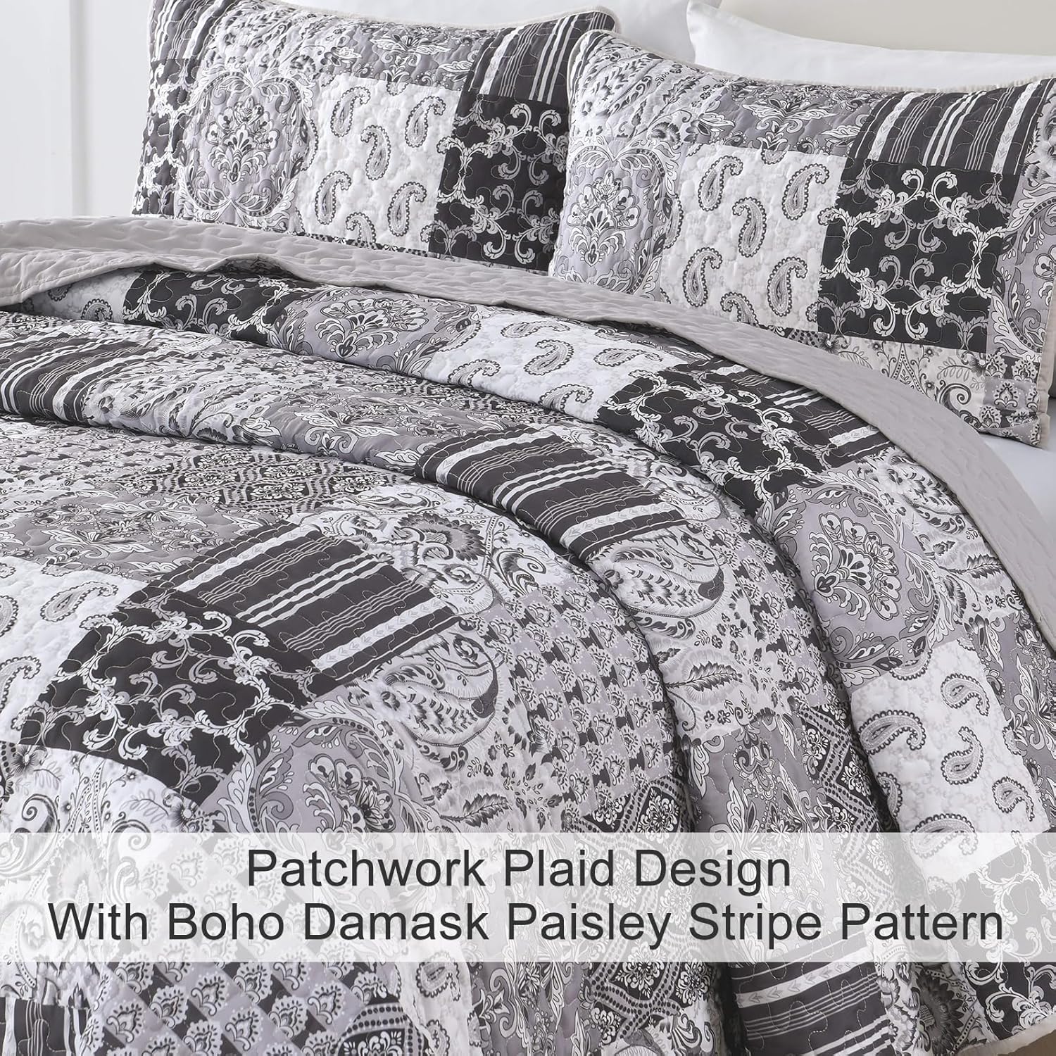 WONGS BEDDING Grey Quilt Set Queen Size, Patchwork Plaid Bedspread Bedding Sets Soft Microfiber Boho Quilts for Queen Bed 3 Pieces Coverlet Set for All Season (96"x90") - Image 4