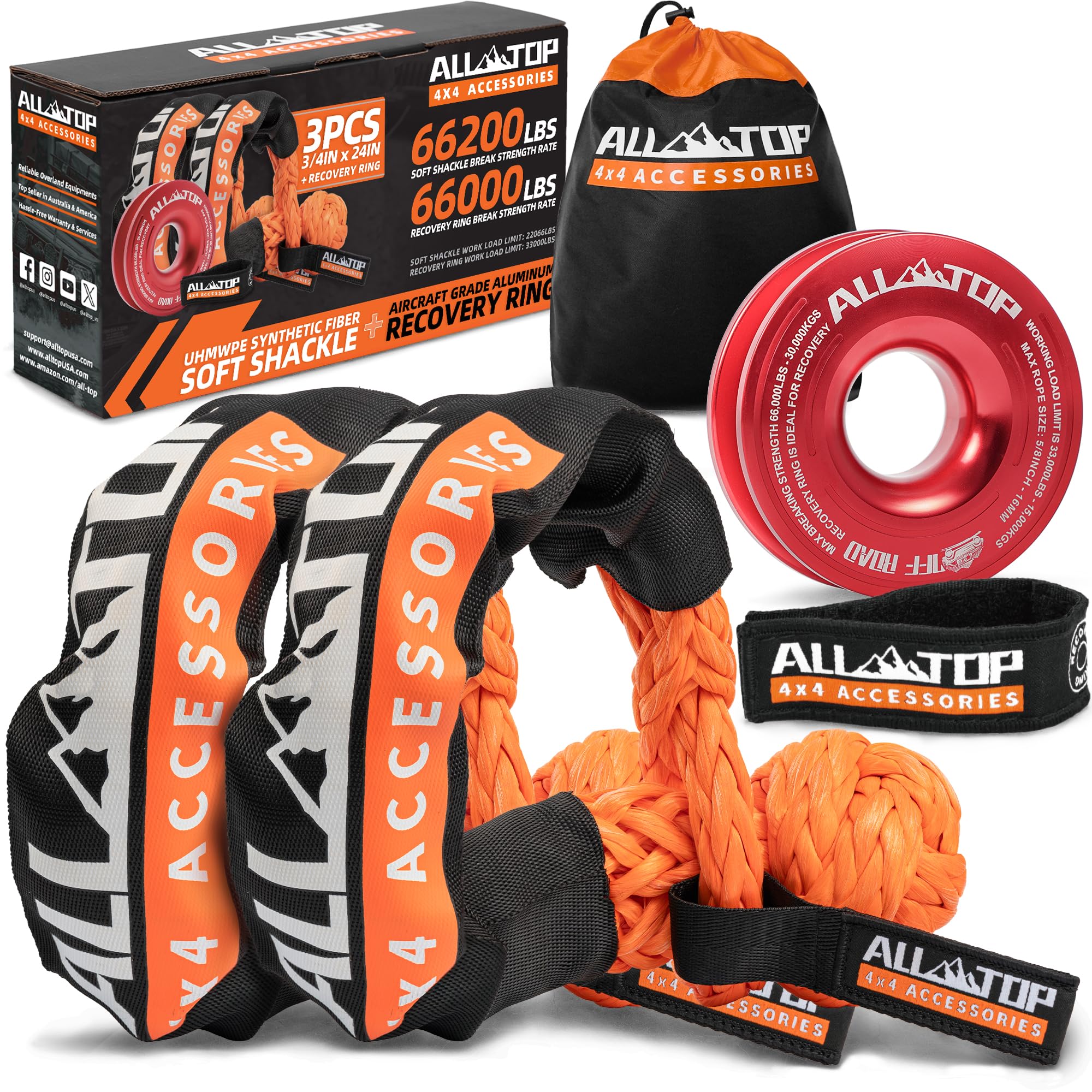 ALL-TOP Synthetic Soft Shackle &amp; Recovery Ring Kit (2PCS 3/4in x 24in - 66200LBS Shackles + 1 Red Snatch Pulley Ring) for Winch Tackle Pulley System