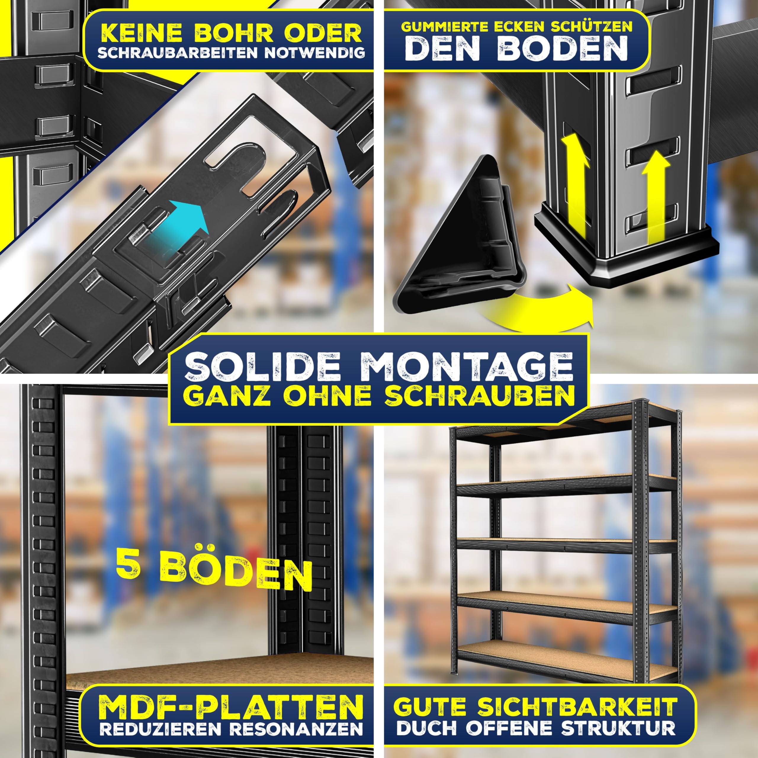 MASKO® Schwerlastregal Lagerregal Kellerregal 180x160x60cm, 1500kg belastbar, 5 verstellbare Ablagen, MDF-Platten Regal aus Metall, Steckregal, Werkstattregal Stahlgestell Garage Werkbank Schwarz