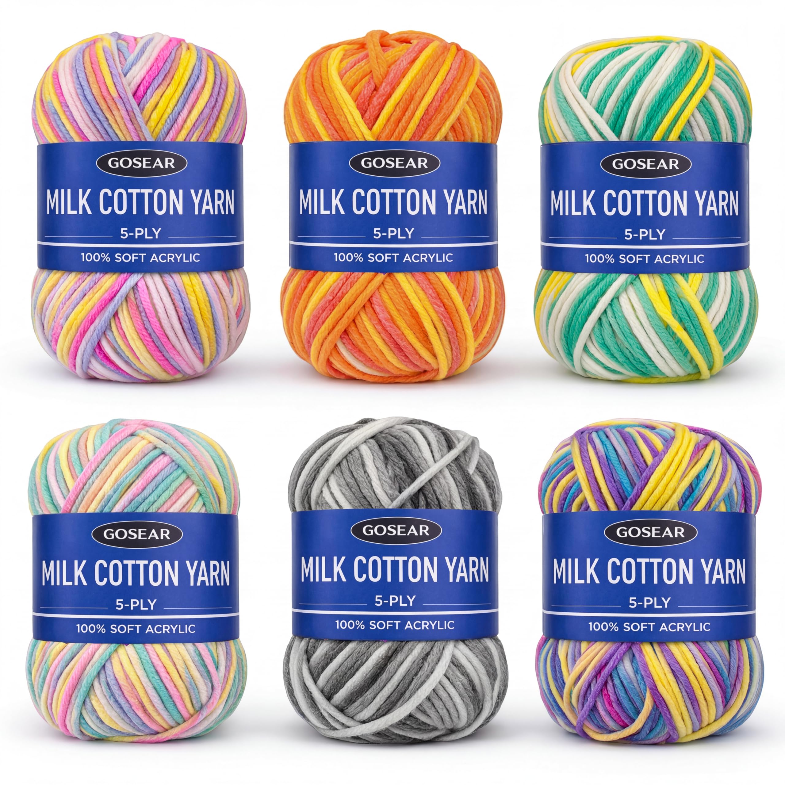 6 Rollos de Hilo de Algodón de Leche Multicolor para Tejer Bufandas y Mantas de Bebé