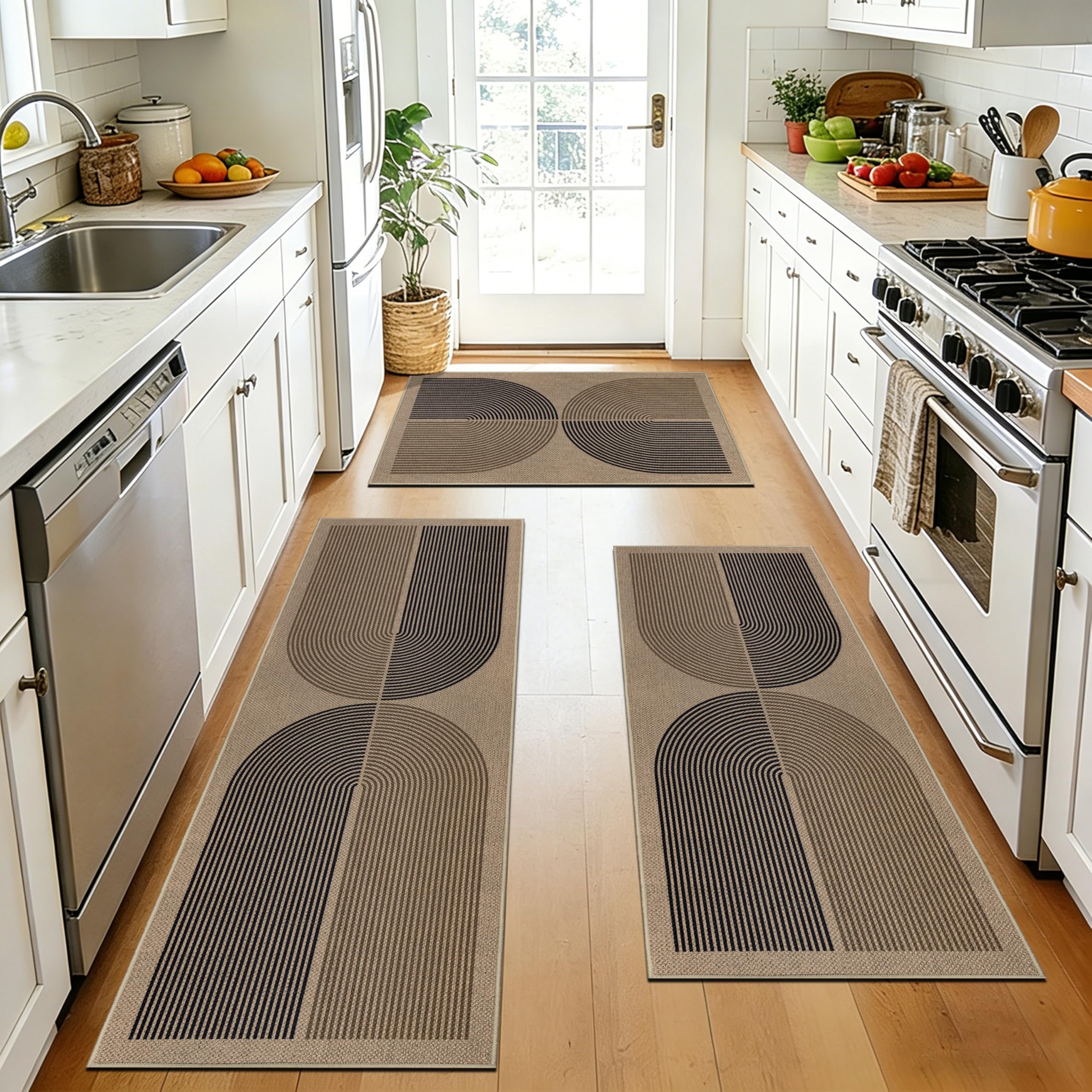 Capslpad Lot de 3 tapis de cuisine antidérapants aspect jute lavables style bohème pour buanderie et couloir, noir et marron (50 x 80 cm + 50 x 120 cm + 50 x 150 cm)
