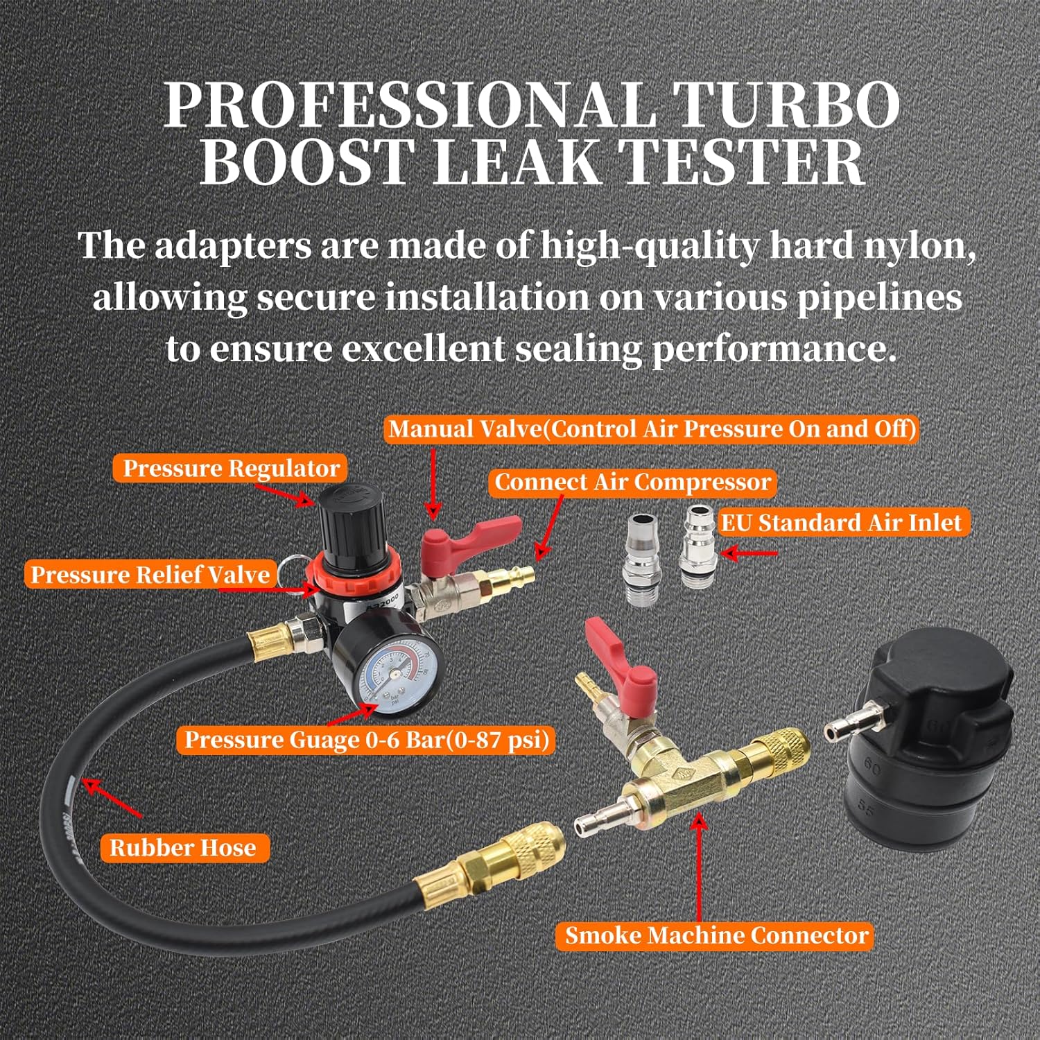 19PCS Turbo System Leakage Tester Kit, Turbo Boost Leak Tester with 8 Pairs of Stepped Adapters (1-1/4'' to 4-1/4'') Air Pressure Gauge Cooling System Radiators Intercoolers Hose Leaks Test