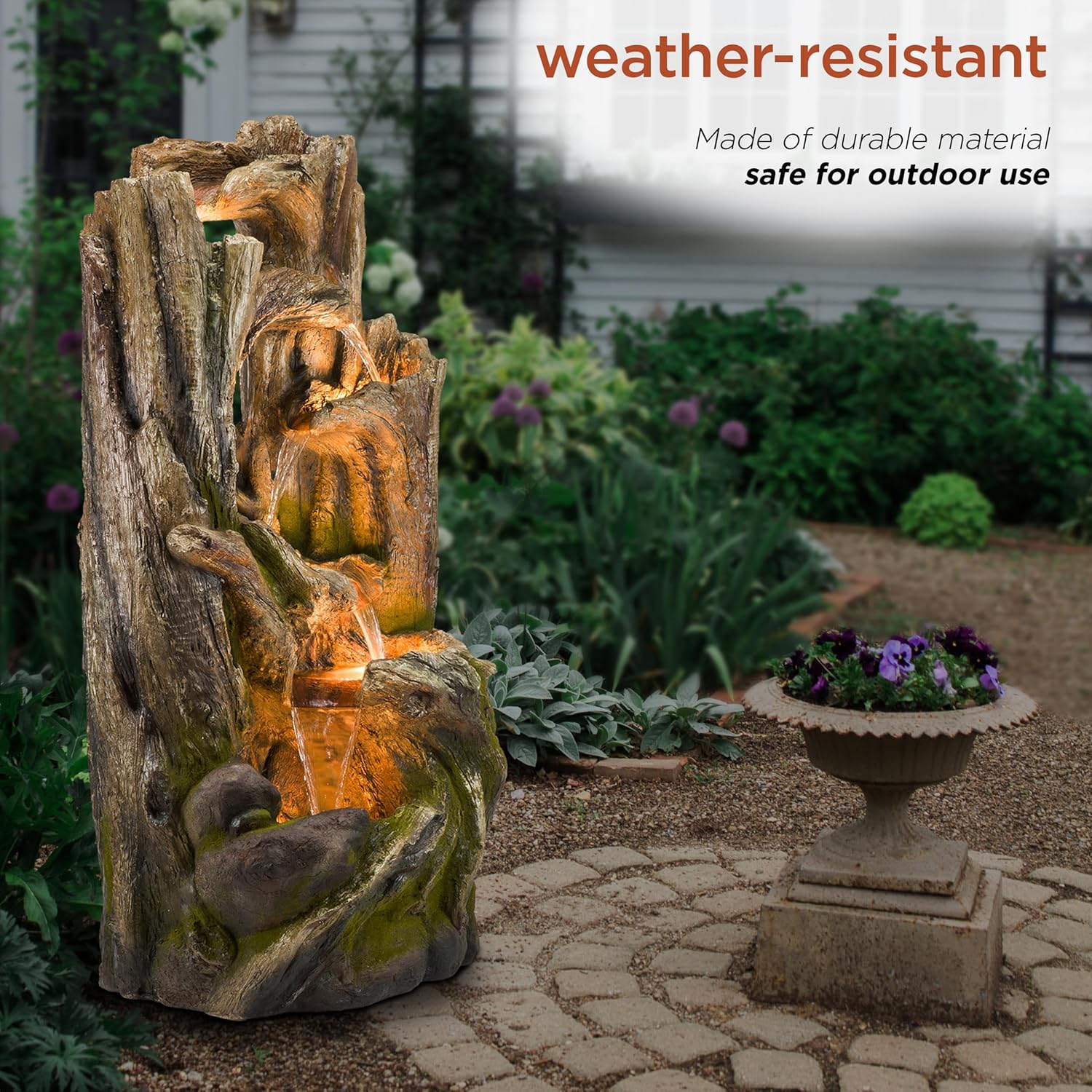 Alpine Corporation WIN1520 59" Indoor/Outdoor Floor 5-Tiered Tree Bark Water Fountain, Cascading Mossy Wood Waterfall Feature for Garden, Patio, and Yard, Brown