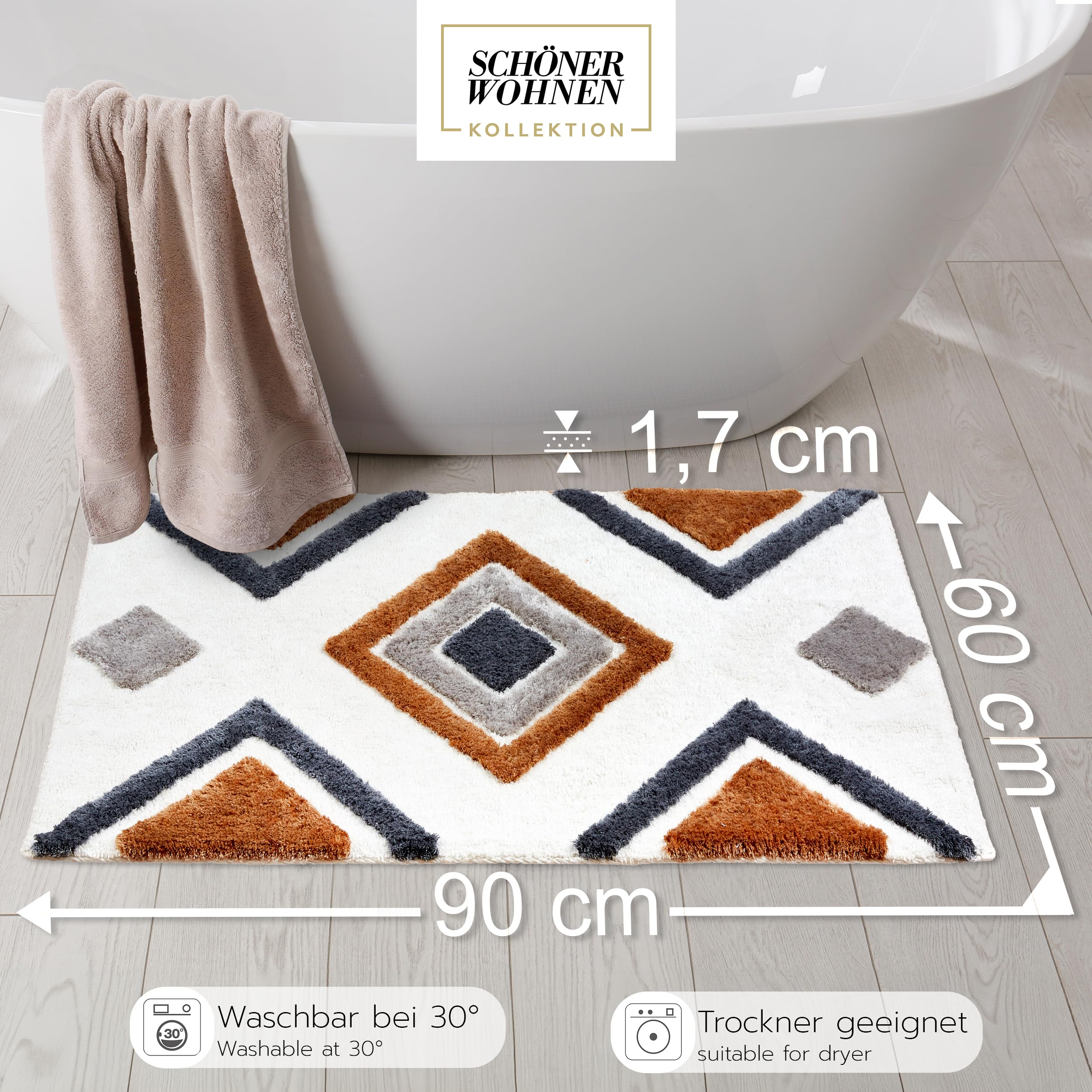 Schöner Wohnen Kollektion Alfombra de baño Blanca Ethno 60x90 cm - Alfombra de baño Antideslizante - Alfombra de baño Lavable y secable en Secadora - Alfombra de Ducha Cuarto de baño | Alfombrilla de baño suave blanca con diseño de alfombra de baño grande