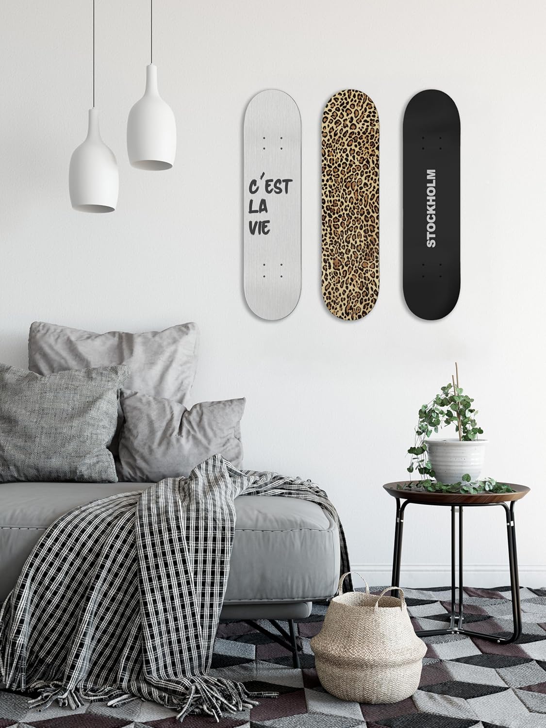 TwoDays Stockholm Style Skateboard Wall Decor - Modern Wall Mount Art Set for Men's Apartment & Dorm, Cool Cheetah Print Skate Deck, Trendy Skater Room Design (Set of 3)