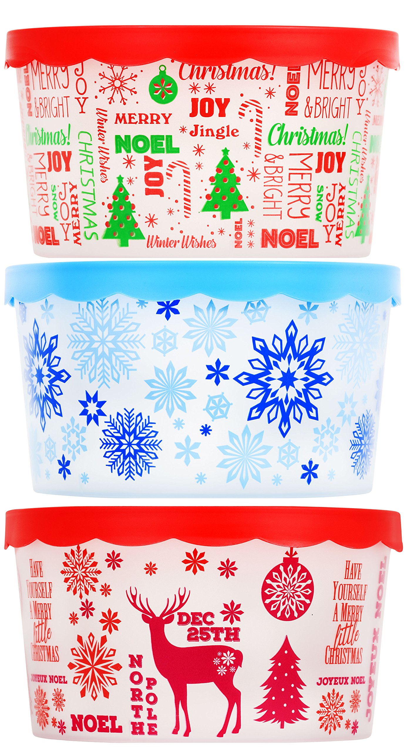 Set of 3 Christmas Themed Plastic Containers with Lids for Cookies Candy Nuts Gifts Bundle of 3 Items - 1 Snowflakes, 1 Deer, 1 Christmas Tree