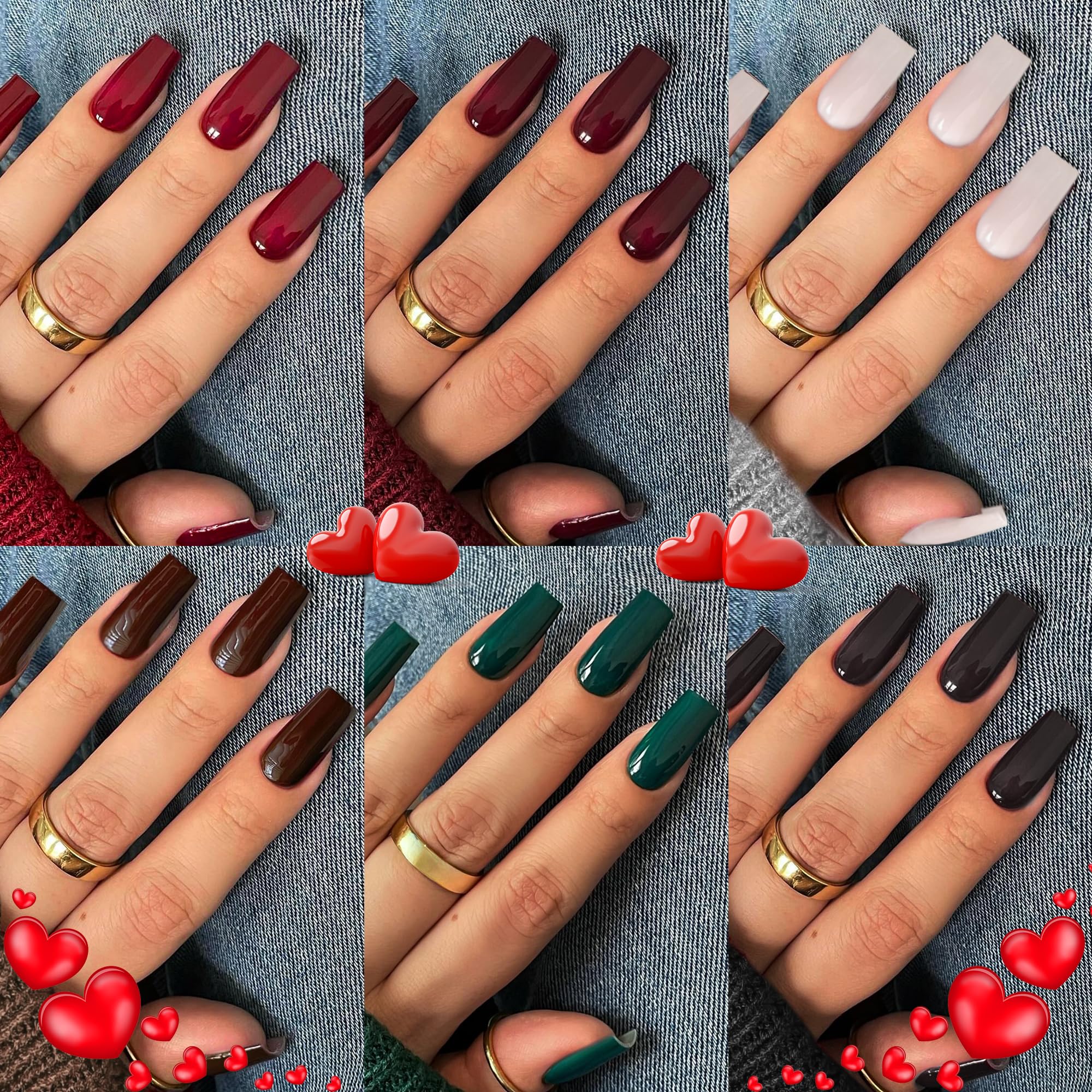 KQueenest 6 Packs Press On Nails Long, Acrylic Fake Nails Long Square, Natural Fit False Nails Press Ons, Dark Color Glue On Nails Medium Coffin for