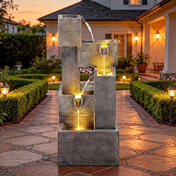 32.5" Modern Outdoor Water Fountain with LED Lights