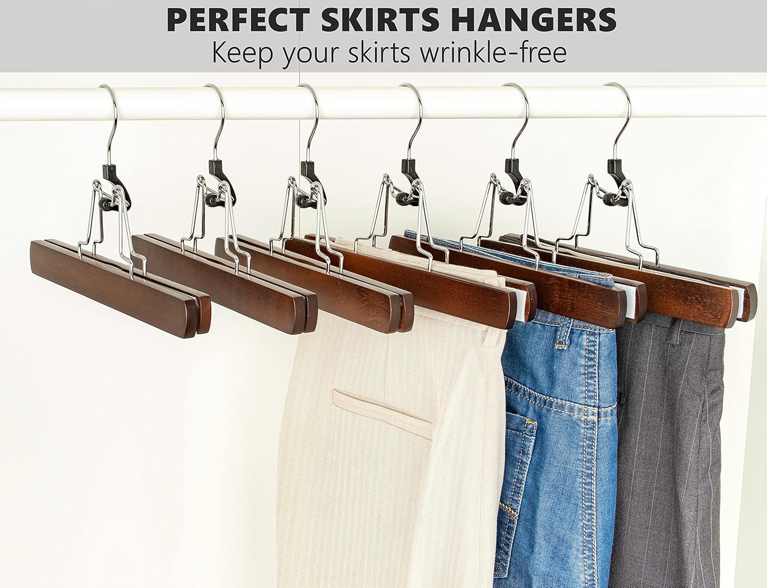 Amber Home Wooden Pants Clip Hangers 10 Pack, Skirt Hangers with Non Slip Padded Velvet, Smooth Finish Solid Wood Jeans/Slack Hanger，Clamp Hangers in Antique Color