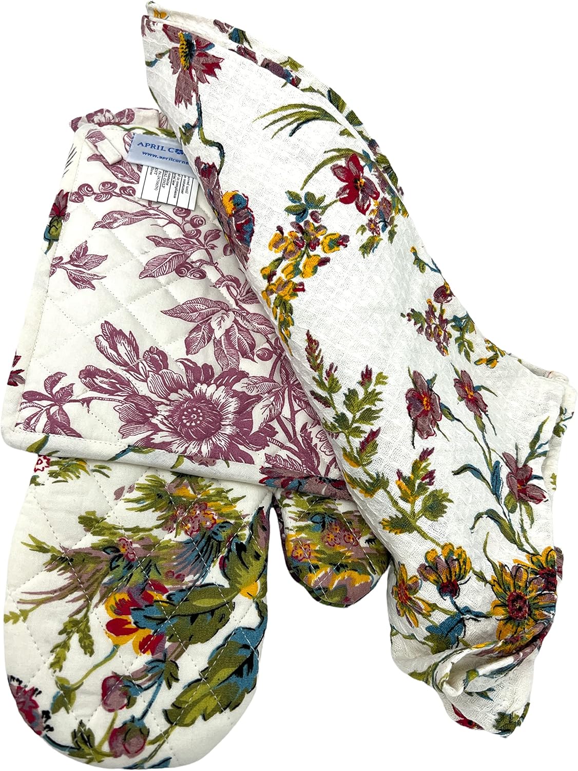 April Cornell Plum Floral 4-pc. Kitchen Linen Gift Set with 2 Tea Towels, 1 Oven Mitt & 1 Pot Holder | 100% Cotton | Summer Botanical Floral, Plum
