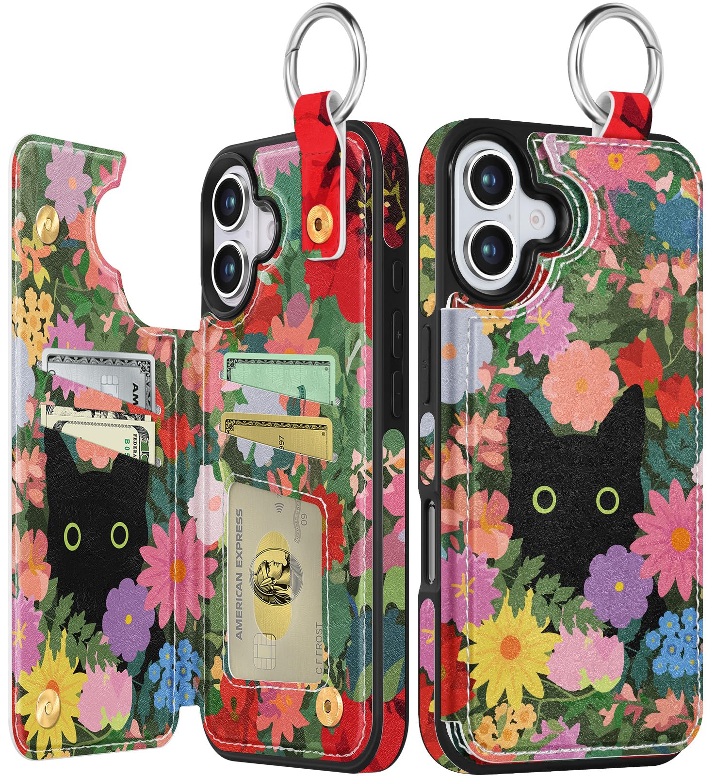 Shorogyt Compatible with iPhone 16 Wallet Case with Card Holder - Cute Fashion Flower Cat Design Kickstand for Magnetic Clasp Back Flip Folio Leather