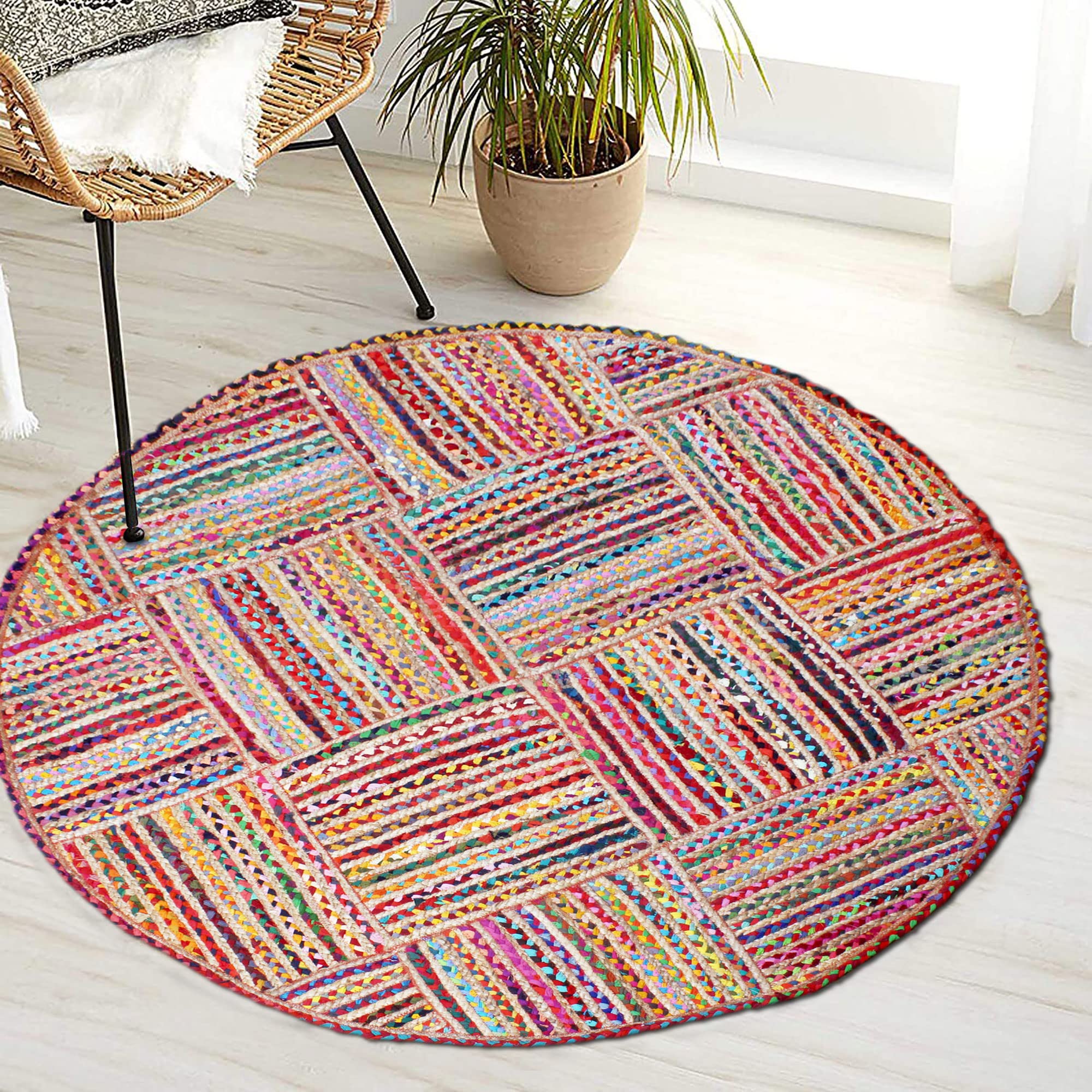 Tapis rond en coton Chindi tressé main pour salon et chambre