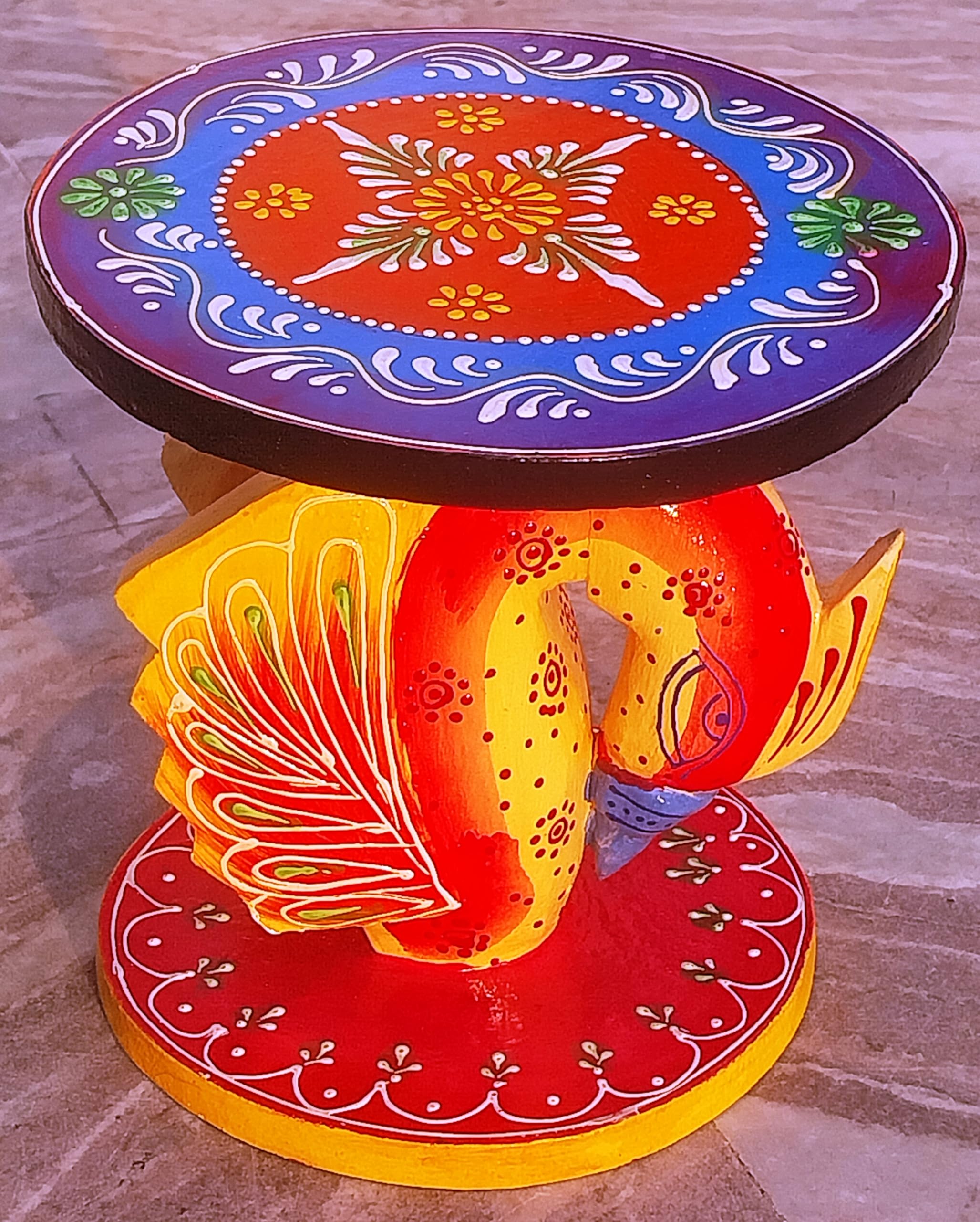 WOODVIBES Hand-Painted Wooden Peacock Table | Multicolor