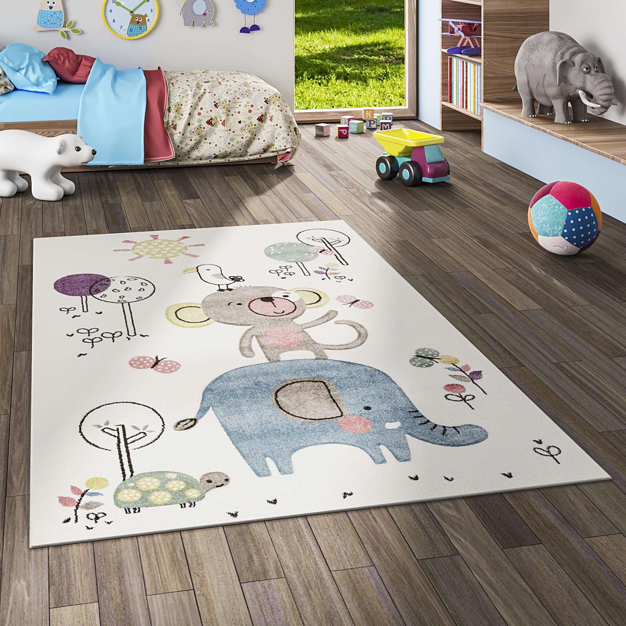 Maui Kids - Tapis pour Enfant - Motif Animaux drôle crème Multicolore - 5 Tailles Disponibles