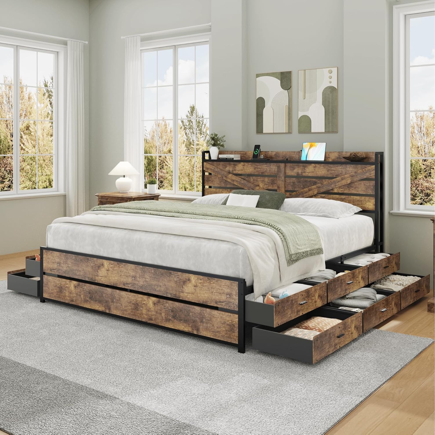 King Size Wooden Bed Frame with 12 Storage Drawers and Headboard, Farmhouse Platform Bed Frame with Charging Station, No Box Spring Needed, Stable and Solid, Noise Free. (Brown, King)