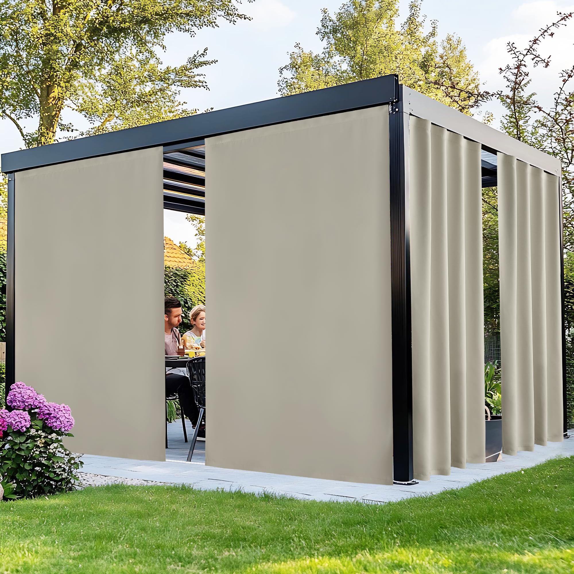 Photo 1 of NICETOWN 2 Panels Outdoor Curtains for Patio Waterproof, Peel/Stick Top & Back Tab Bottom Drapes with Free Rope for Wind Blocking, Privacy Sun Shades for Gazebo/Deck, W66 x L84 in, Natural