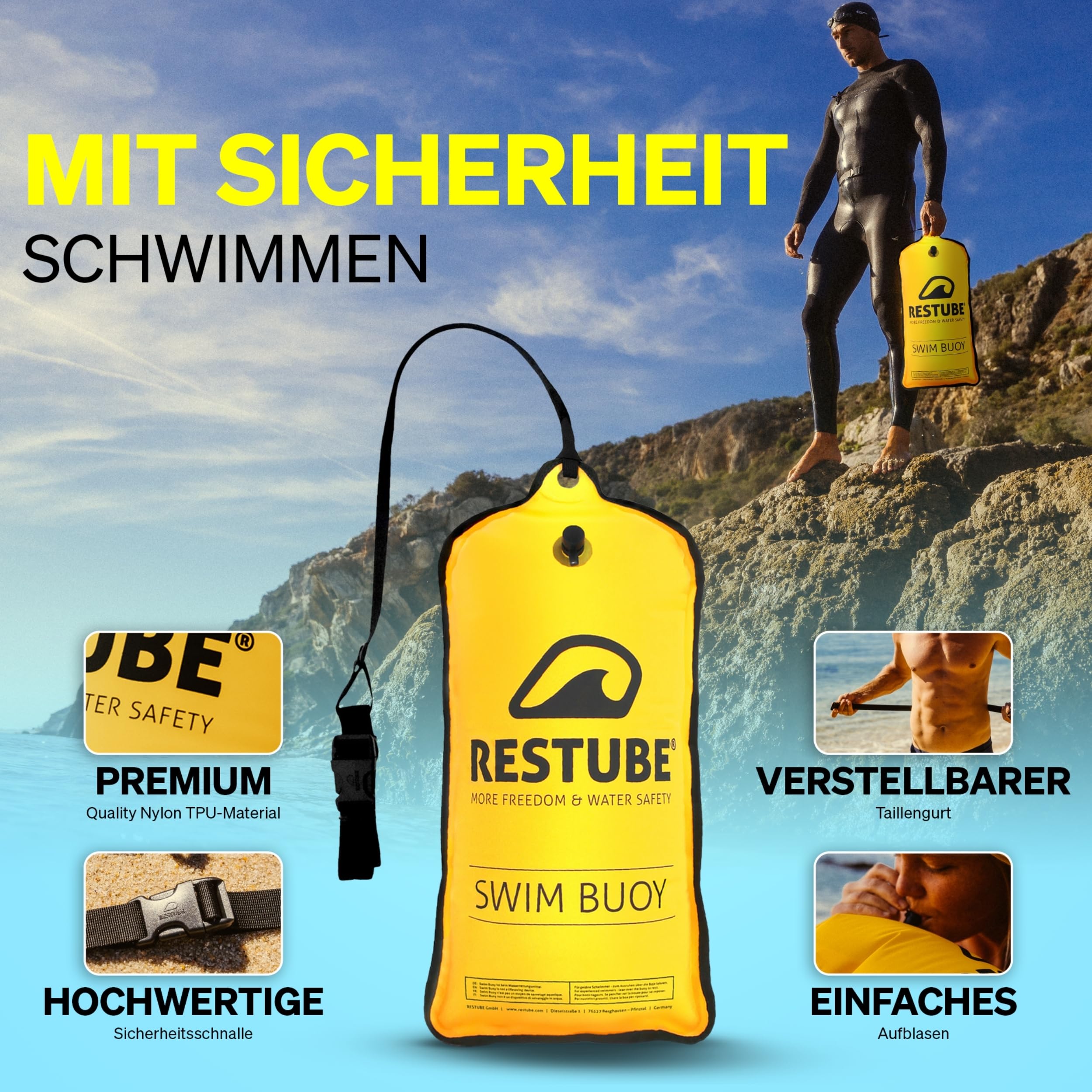 Restube Schwimmboje - Aufblasbare Schwimmhilfe für Schwimmen, Schnorcheln, Triathlon, SUP, Freiwasserschwimmen und Wildschwimmen - Kompakte gut sichtbare Boje Swimming Buoy für Kinder und Erwachsene