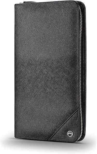 Snazzy Hawk Passport Holder - Saffiano Genuine Leather Design, Multi-Purpose RFID Travel Wallet Organiser - For Money, Tickets, Boarding Pass, Bank Cards - Sim Card Tray, Pen, Zip Money Pocket - Black