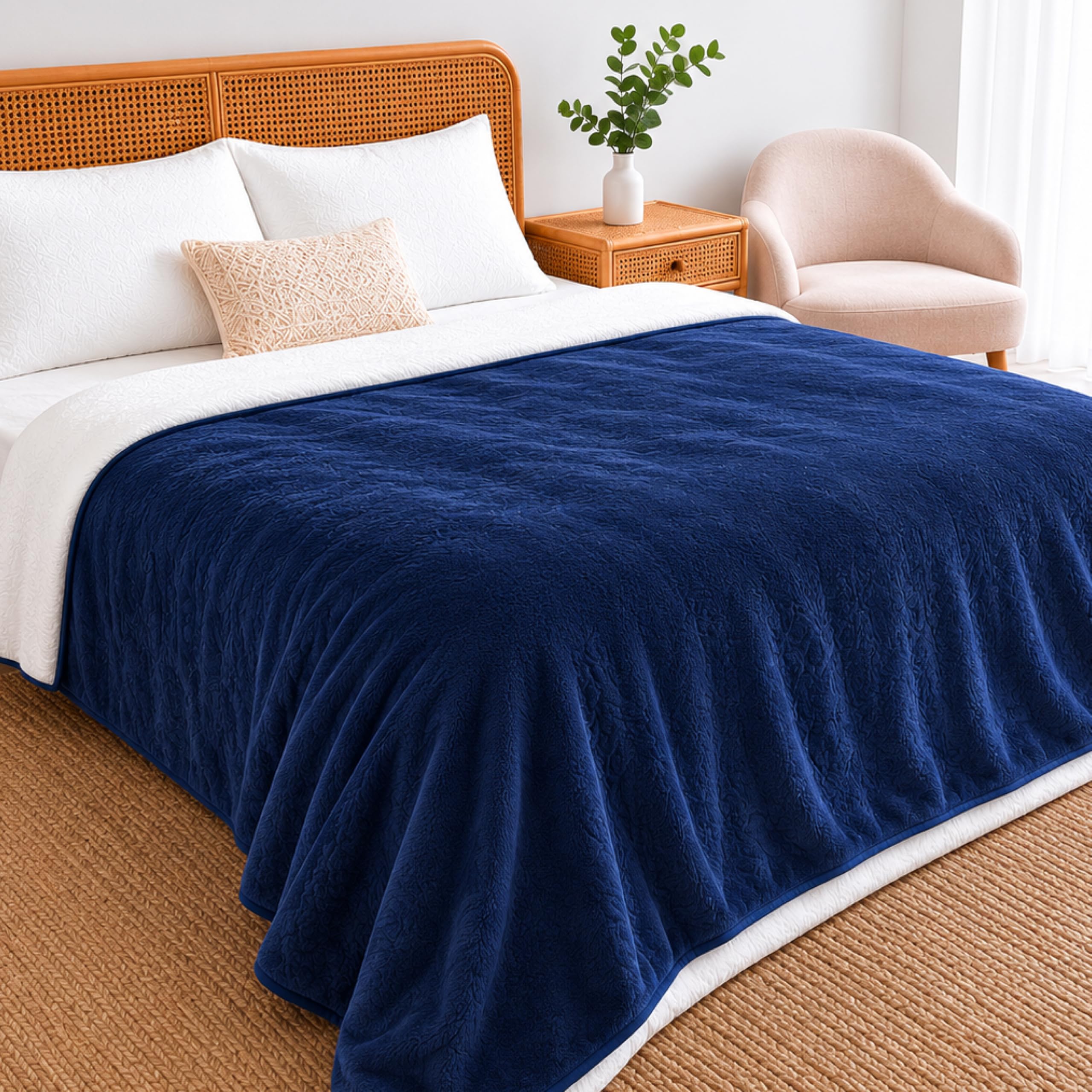 Twinzen Coperta Impermeabile per Cani 152x203 cm Blu Navy - Copridivano e Copriletto Reversibile in Pile Sherpa - Telo Impermeabile per Letto o Divano Lavabile
