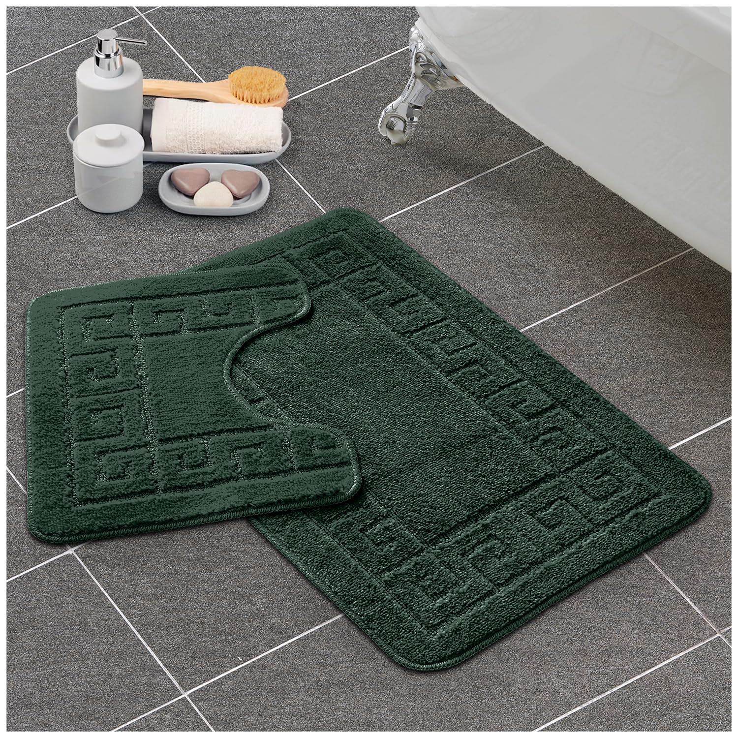 GC GAVENO CAVAILIA Greek Bath Mat Sets | Quick Drying Water Absorbent Toilet Mat | Non Slip Shower Rugs | 1x Bath Mat (50x80Cm) & 1x Pedestal Mat (50x40Cm) | Dark Green — image 1