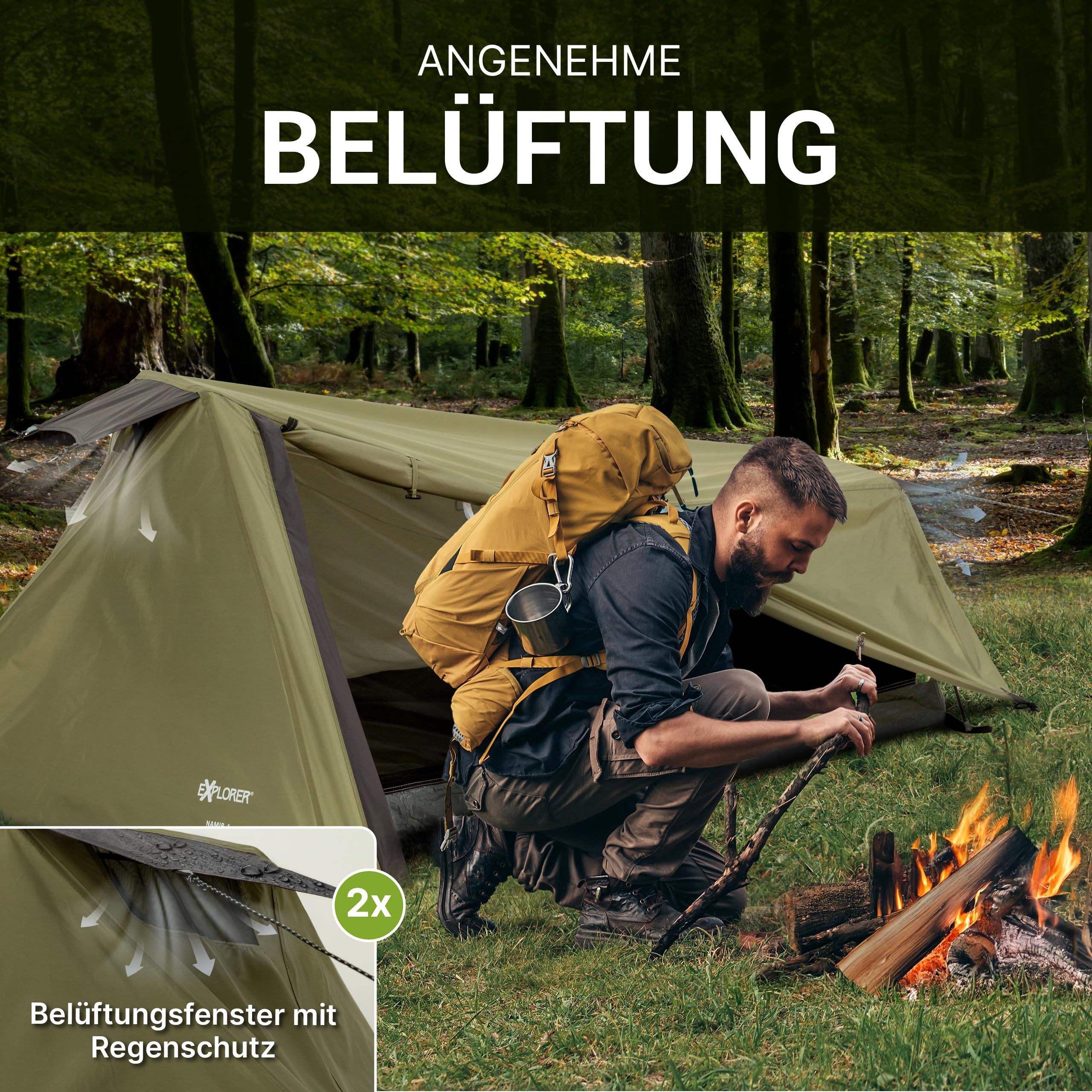 EXPLORER Namib 1 & 2 Personen Zelt kleines Packmaß Ultraleicht für Fahrrad oder Motorrad Reise 1-2 Personen 3000mm Wassersäule mit separatem Innenzelt Wandern Trekking Camping