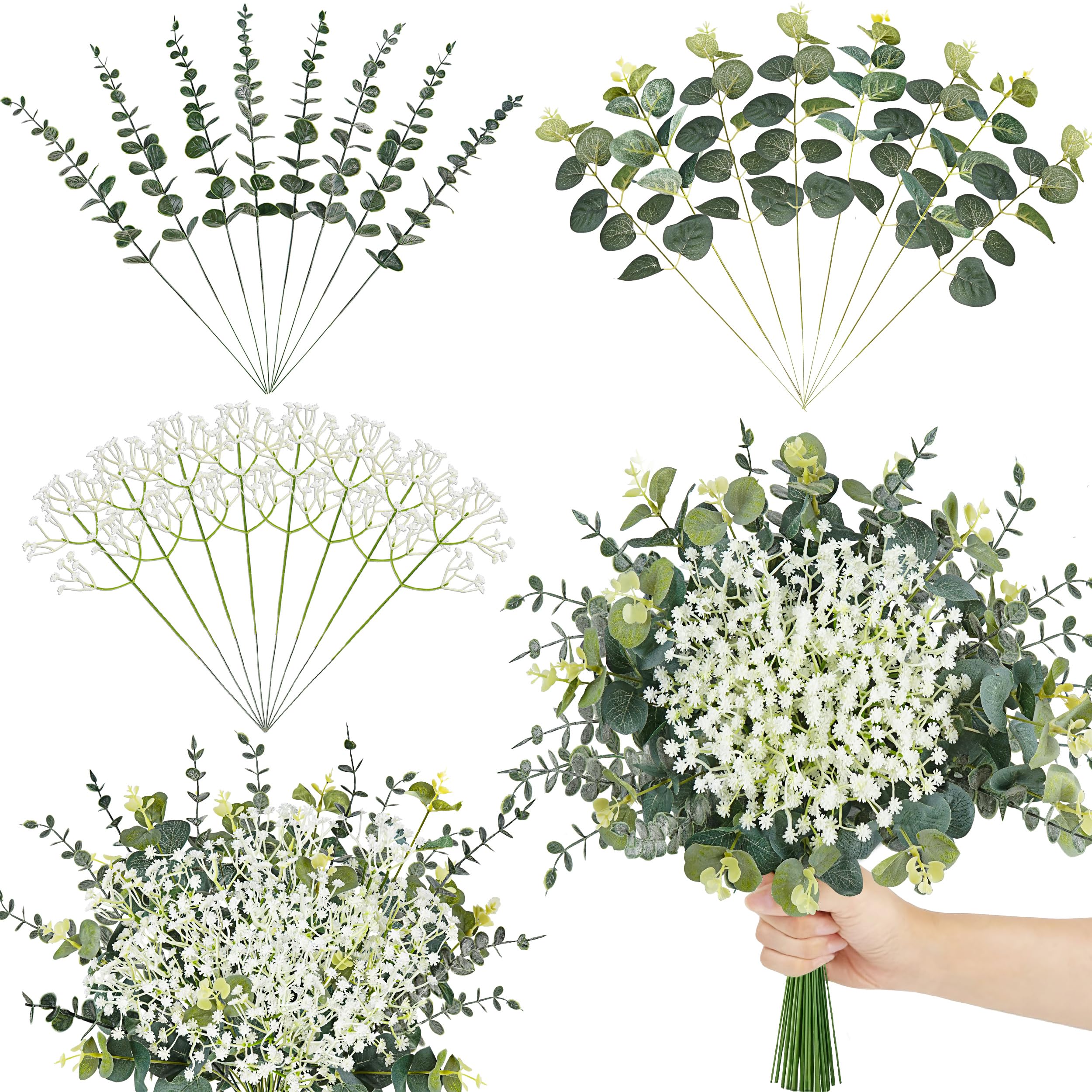 24Pcs Mixed Eucalyptus Stems and Faux Baby Breath, DIY Floral Stems