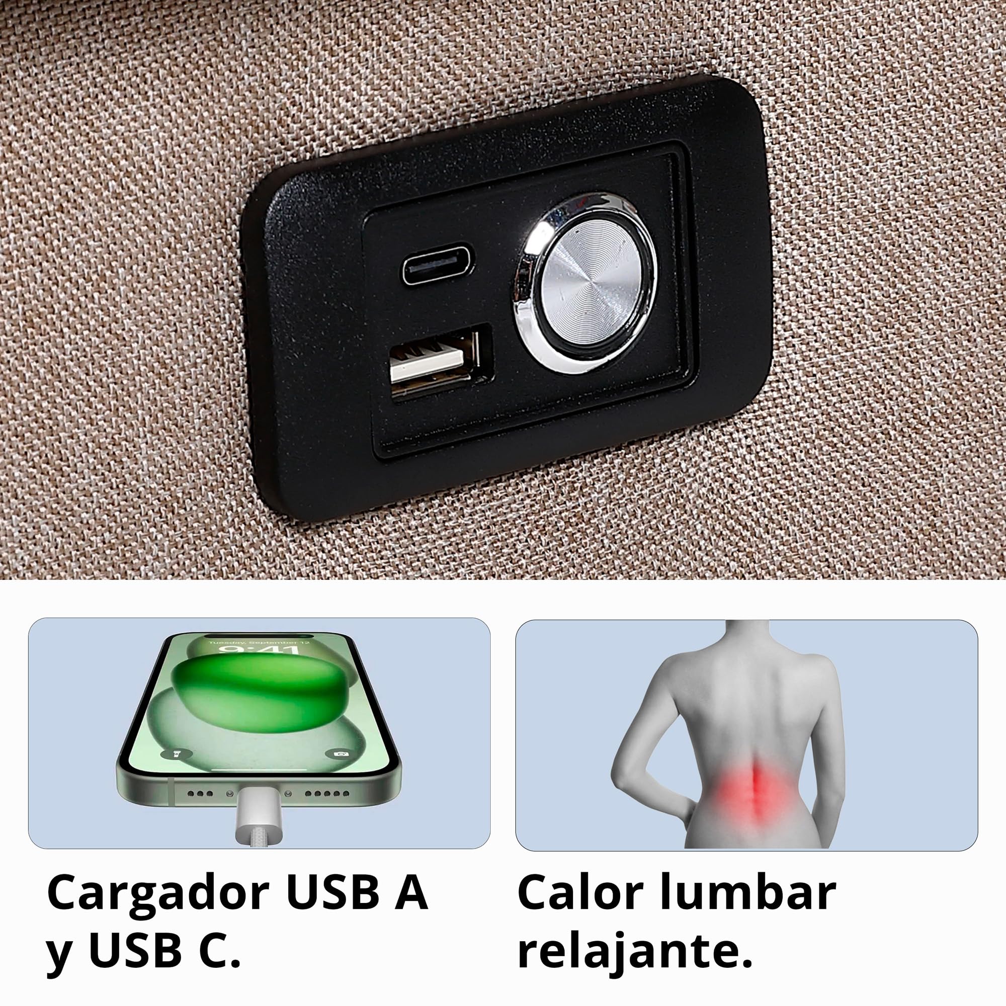 ECODE® Sillón Reclinable Manual de Tela con Calor Lumbar, Reposabrazos Lavables y USB de Carga – Comodidad para Personas Mayores en Salones o Espacios Reducidos