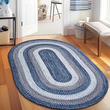 Super Area Rugs Rustic Aqua Blue/White/Black Oval Braided Rug for Entryway/Foyer, Washable Outdoor Rug for Patio/Porch 3 x 5 Oval