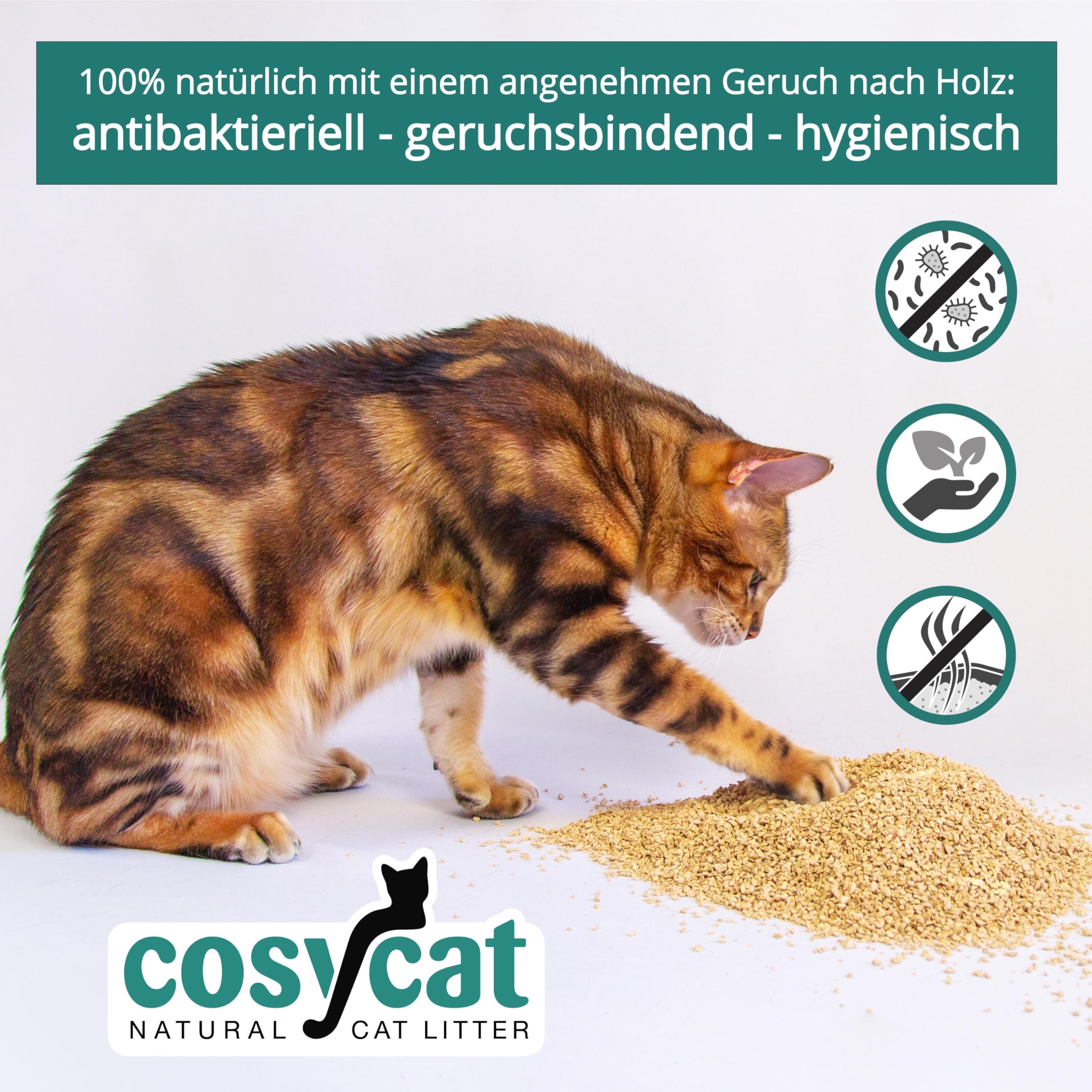 COSYCAT Klumpendes Katzenstreu Bio aus Holz, 100% Natürlich, [grob], [2x20l], in der Toilette entsorgbar, Klumpstreu pflanzlich, staubfrei ohne Duft